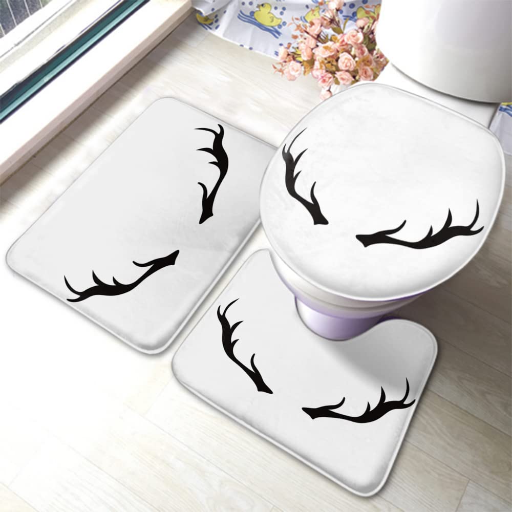 Zaueky 3-Piece Bathroom Rug Set - Non-Slip Deer Print Bath Mat, U-Shaped Contour Rug & Toilet Lid Cover - Modern Black & White Design with Rubber Backing for Bathroom Safety | Perfect for Home, Apartment, and Guest Bathroom Decor