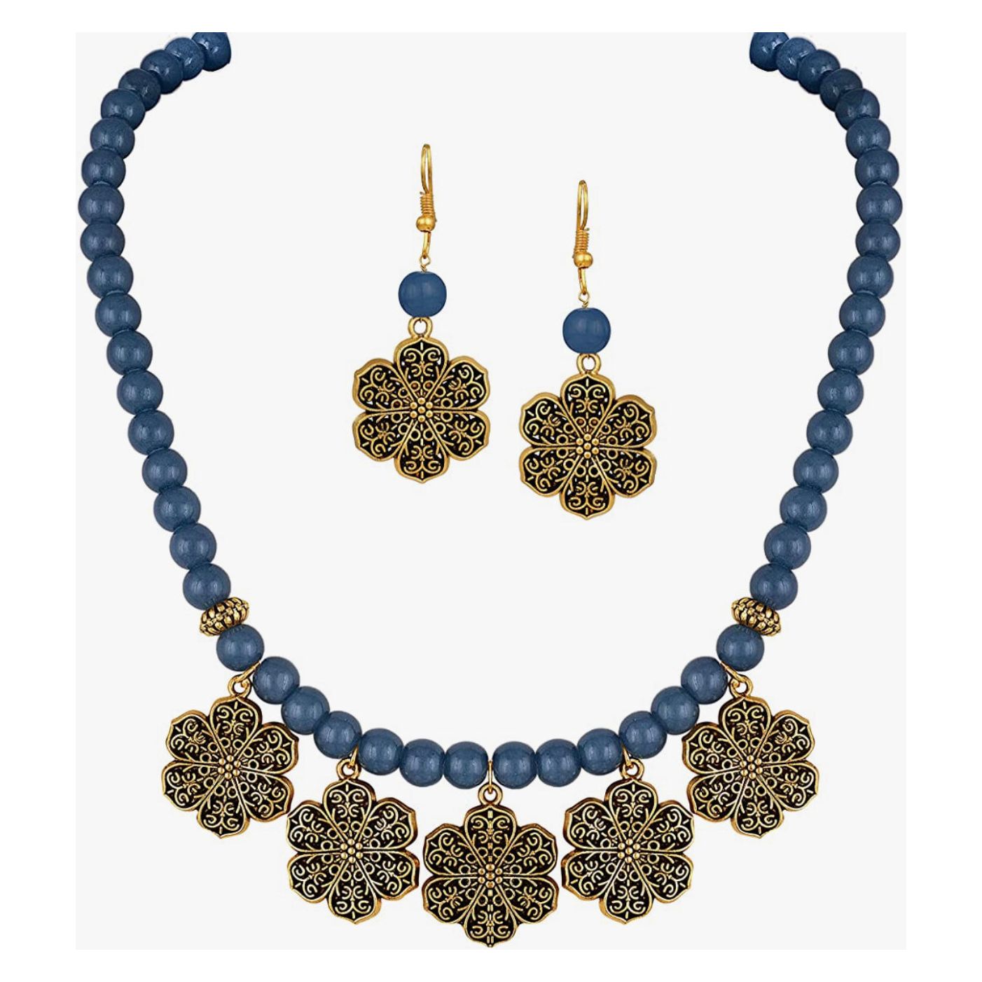 Elegant Gold Plated Floral Onyx Stone Necklace Set for Women | Dainty Jewelry Gift for Her | Perfect for Weddings, Parties & Special Occasions