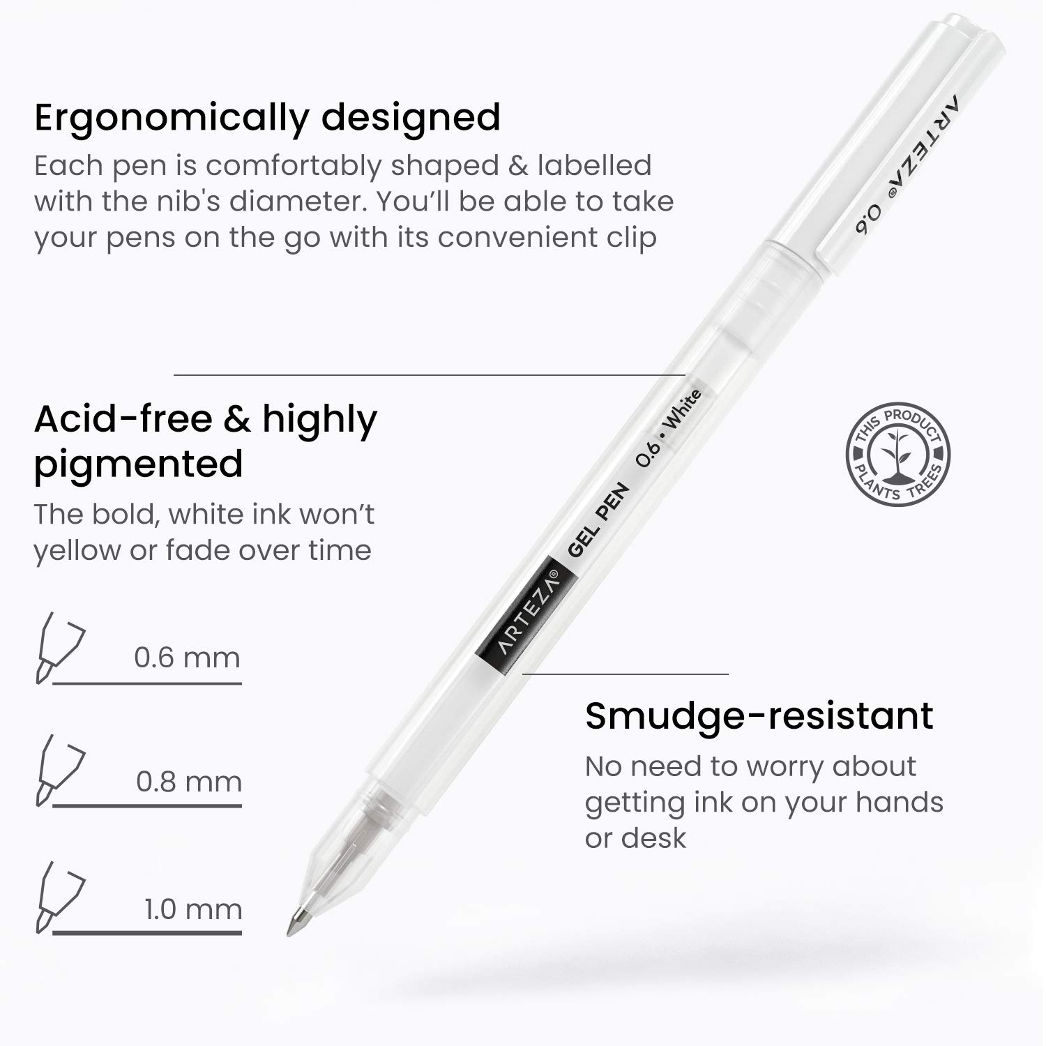 ARTEZA 12-Pack White Gel Pens Set - Premium White Rollerball Pens for Drawing, Writing & Art Projects - Perfect for Artists, Scrapbooking, Bullet Journaling & DIY Crafts
