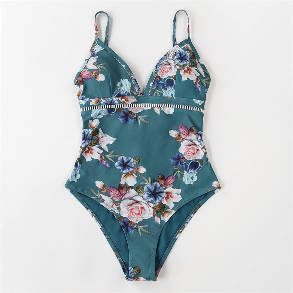 Sexy Floral One Piece Swimsuit for Women - V-Neck Lace Up Back Bathing Suit, Green Size L | Perfect for Beach Vacations, Pool Parties & Summer Getaways