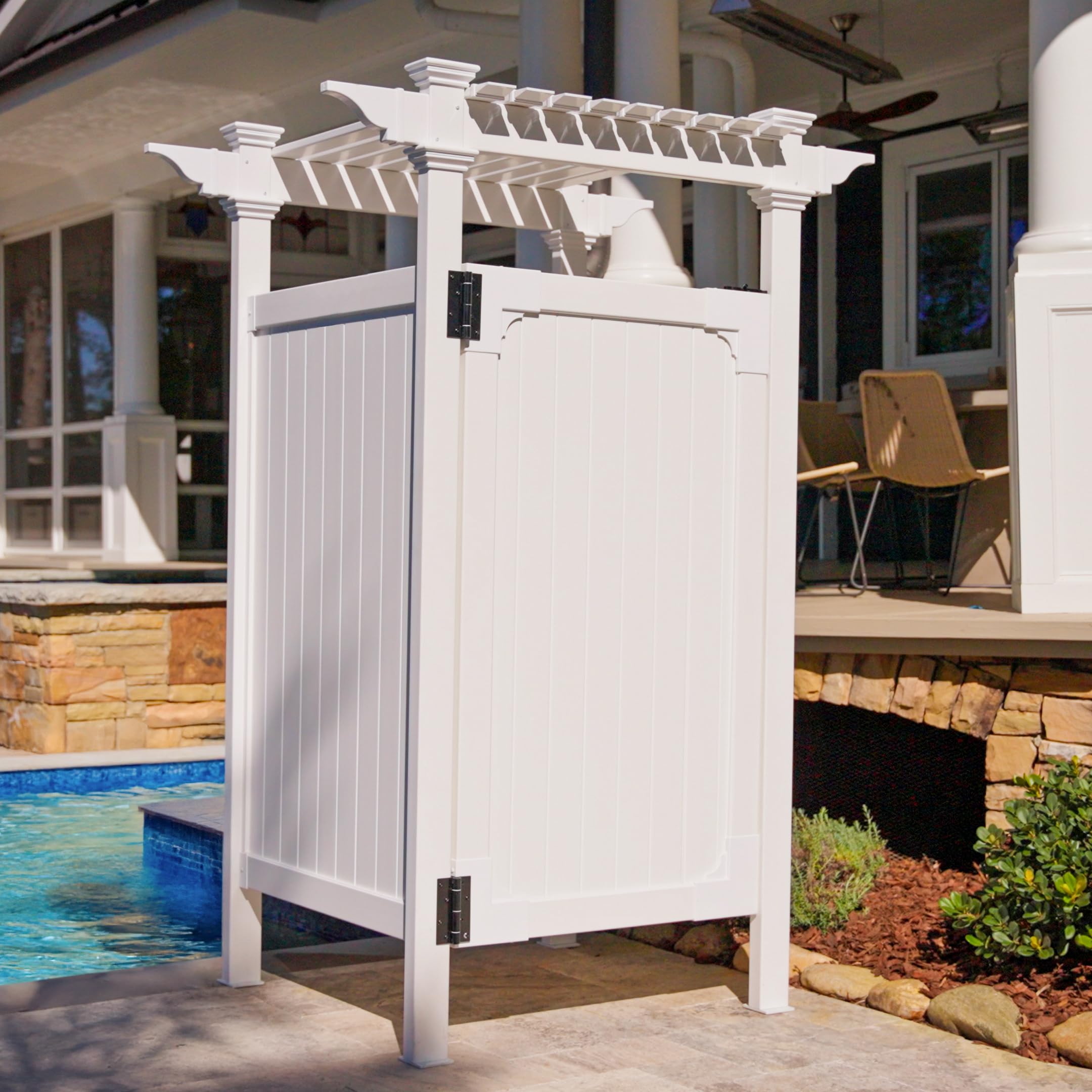 Zippity Hampton White Vinyl Outdoor Shower Enclosure Kit with Door - 89in H x 62in W x 47in L - Perfect for Pool, Beach, and Outdoor Changing Room Use
