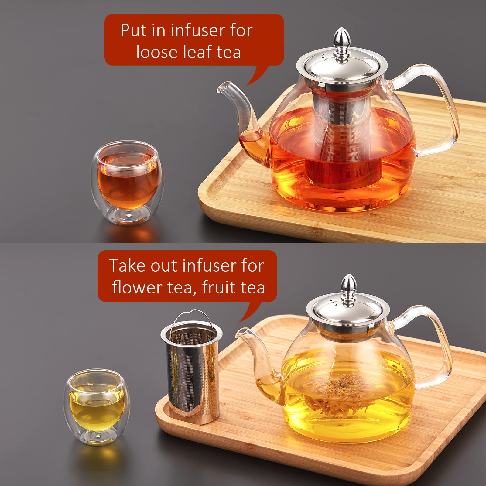 Premium 40oz Glass Teapot with Removable Stainless Steel Infuser - Perfect for Blooming Tea, Loose Leaf Tea & Herbal Brews - Stovetop & Microwave Safe Gooseneck Kettle - Elegant Gift Box Included - Ideal for Home, Office & Tea Ceremonies