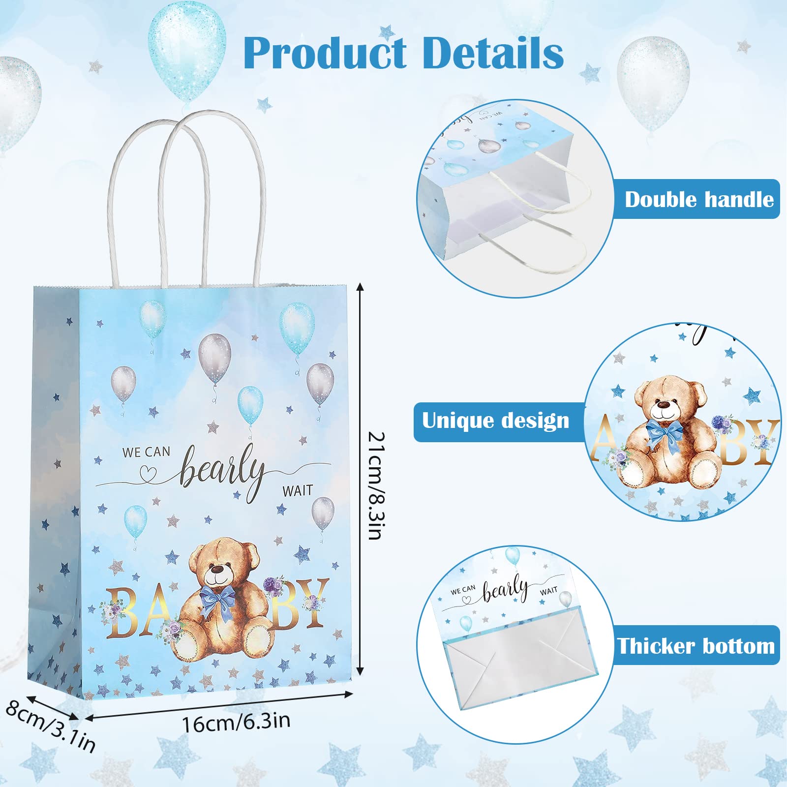 16 Pack Bear-Themed Baby Shower Gift Bags with Handles - Cute We Can Bearly Wait Paper Party Favor Bags for Kids Birthday & Baby Shower Supplies - Perfect for Goodie Bags, Party Decorations and Baby Celebration Favors