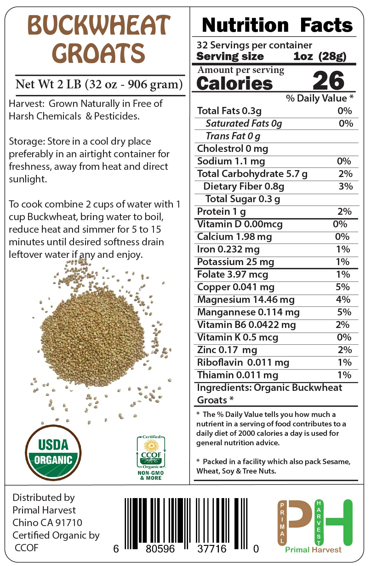Certified Organic Hulled Buckwheat Groats - Non-GMO, Raw, Vegan, Bulk 25LB - Perfect for Baking, Smoothies & Healthy Breakfasts