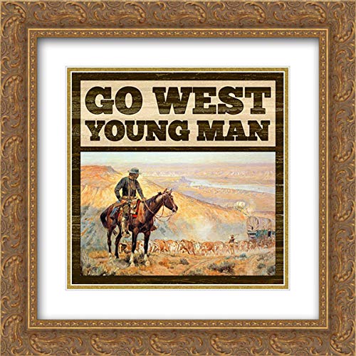 BG Studio 15x15 Inch Gold Ornate Framed Double Matted Western Art Print 'Go West Young Man' - Vintage Wall Decor for Living Room, Office & Western Theme Interiors