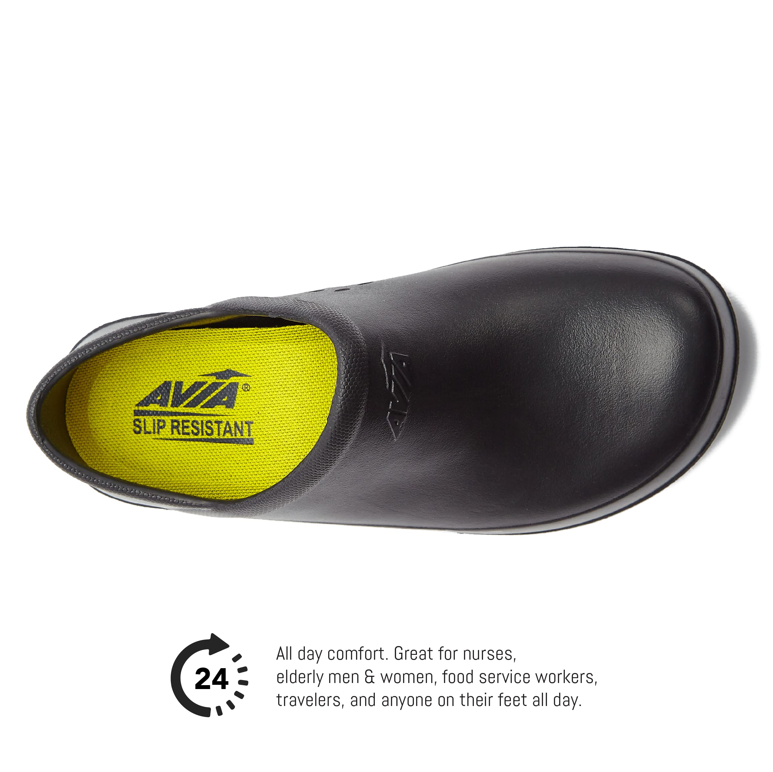 Avia Women's Shadow Slip-Resistant Work Clogs - Non-Slip Slip-On Shoes for Food Service & Healthcare Professionals - Comfortable Black Clogs for Restaurant, Hospital & Kitchen Workers