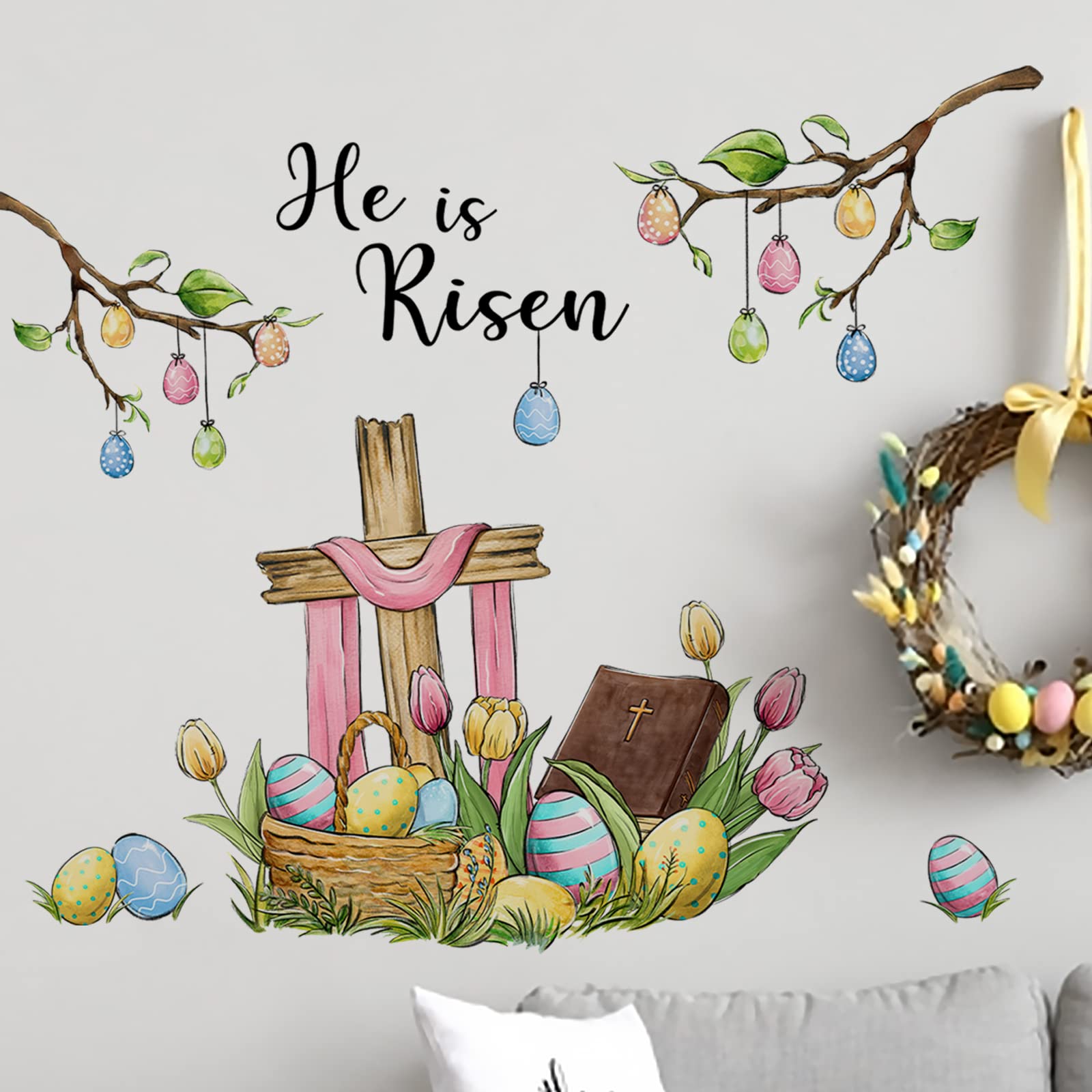 Yovkky Easter Wall Decals - He is Risen Christian Cross Bible Quote Stickers for Home, Bedroom & Living Room Decor | Religious Spring Tulip & Egg Designs for Kitchen, Faith Art | Perfect for Easter Celebrations, Church Events & Holiday Home Decorating