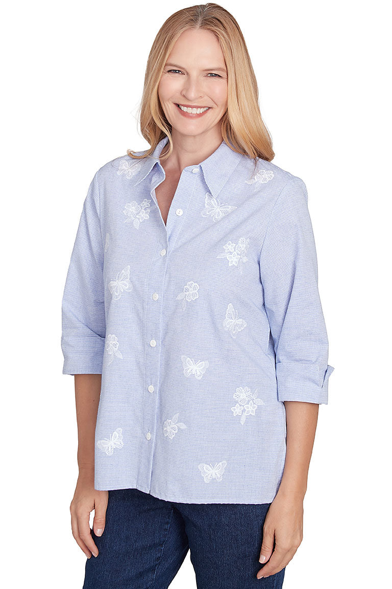 Embroidered Butterflies Striped Shirt for Women - Floral Summer Blouse - Boho Chic Tops - Casual & Party Wear - Perfect for Beach, Vacation and Date Nights