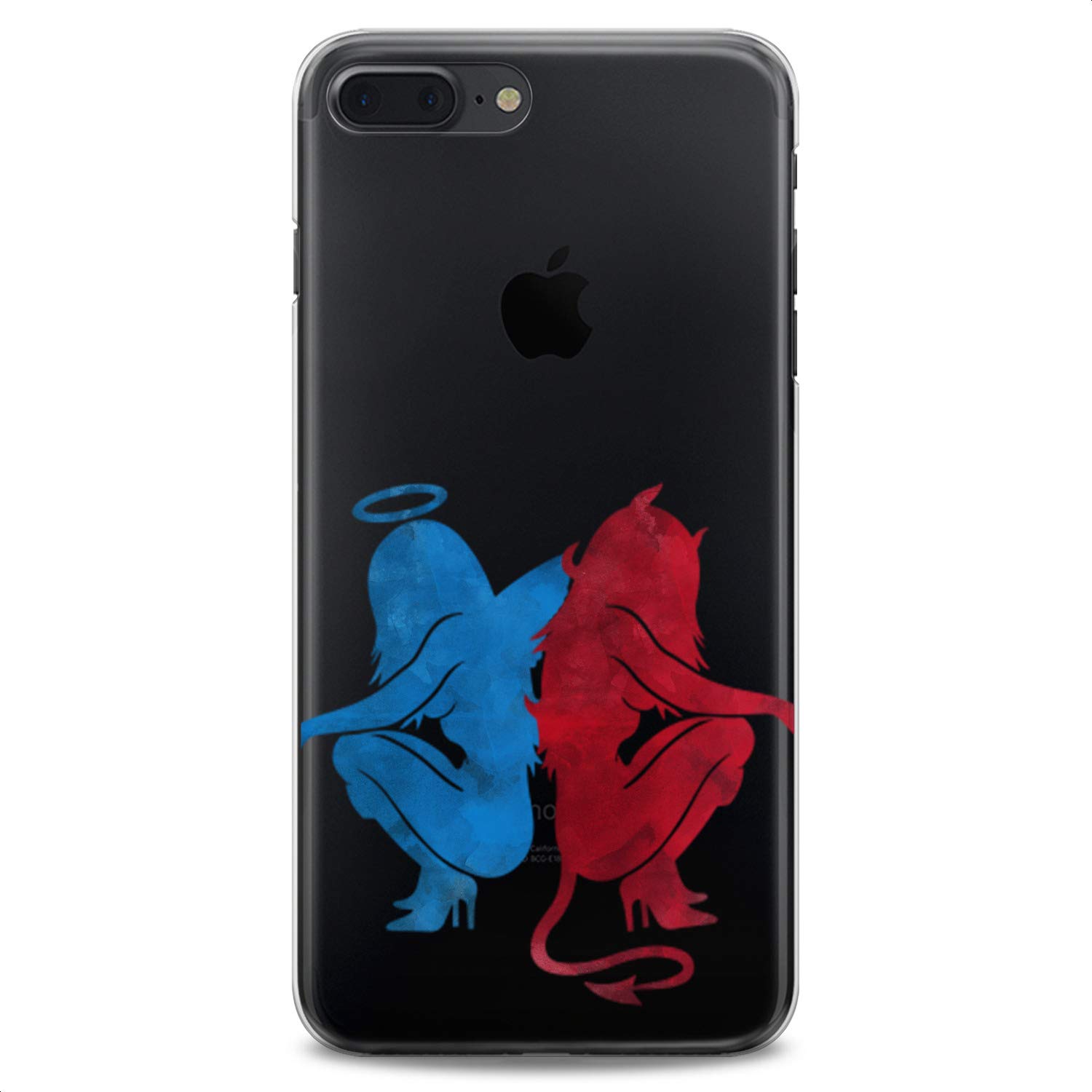 **TPU Case for iPhone 16/15/14/13/12/11 Pro Max/Plus/Mini/XS/XR/X/8+/7/6/5/SE - Angel & Devil Clear Blue Print Art Design, Slim & Flexible Silicone Cover for Women (Cute Watercolor Style) - Perfect for Everyday Use & Gift Giving**