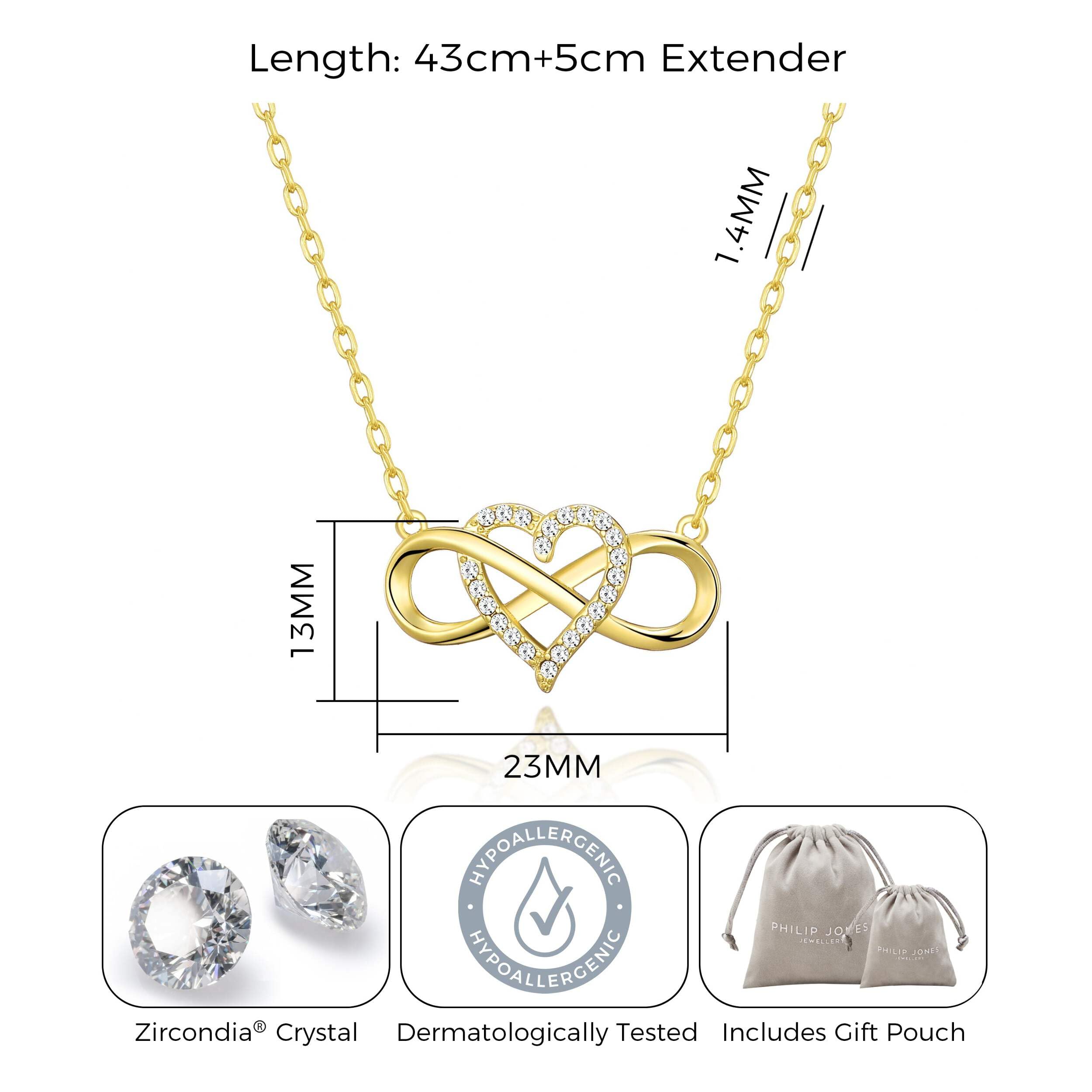 Philip Jones Gold Infinity Heart Necklace with Zirconia - Perfect for Anniversary Gifts