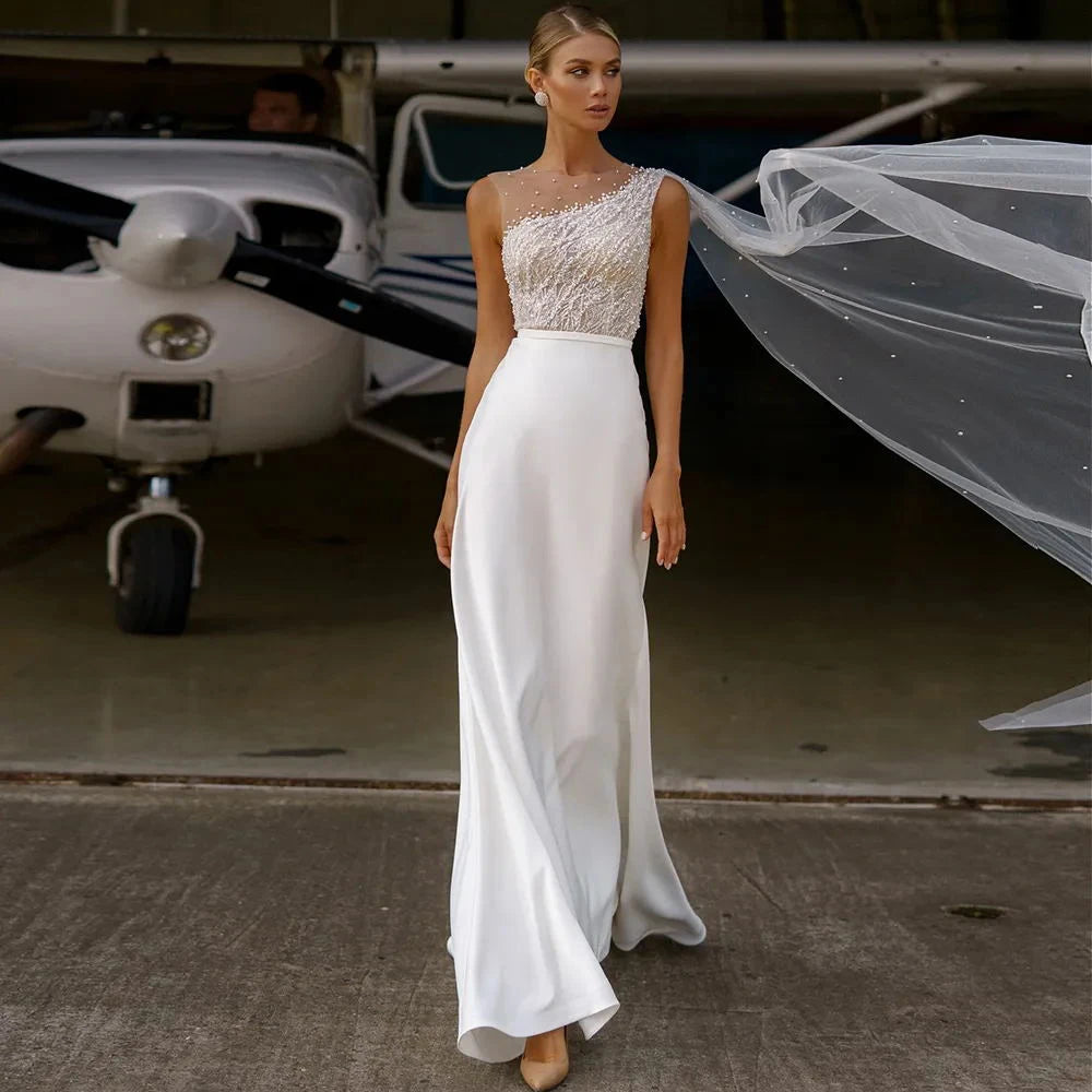 Elegant Chiffon Sexy Sleeveless Wedding Dress with Lace Print - A-Line Bridal Gown for Beach, Garden & Outdoor Ceremonies