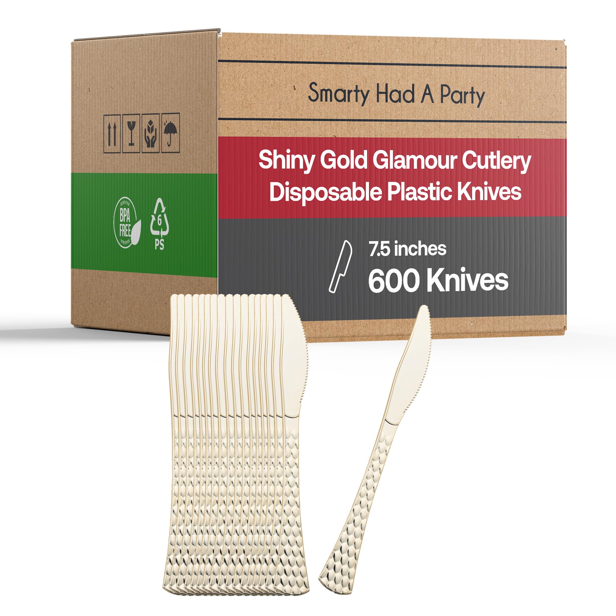 Premium Disposable Plastic Cutlery Set - Elegant Gold Flatware for Parties, Weddings & Events | Heavy Duty Glamorous Cutlery Bulk Pack (600 Knives) | Perfect for Birthday Celebrations, Bridal Showers & Catering Services