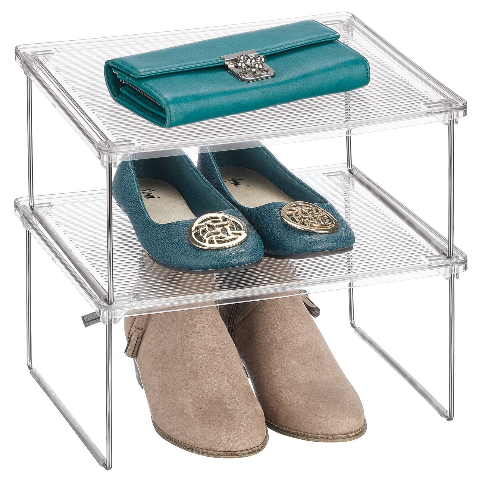 mDesign Metal Stacking Storage Organizer for Shelves - 2 Pack Clear/Chrome | Closet, Bedroom, Bathroom & Entryway Organization | Perfect for Clothing, Linens & Household Items | Space-Saving Ligne Collection for Home Storage Solutions