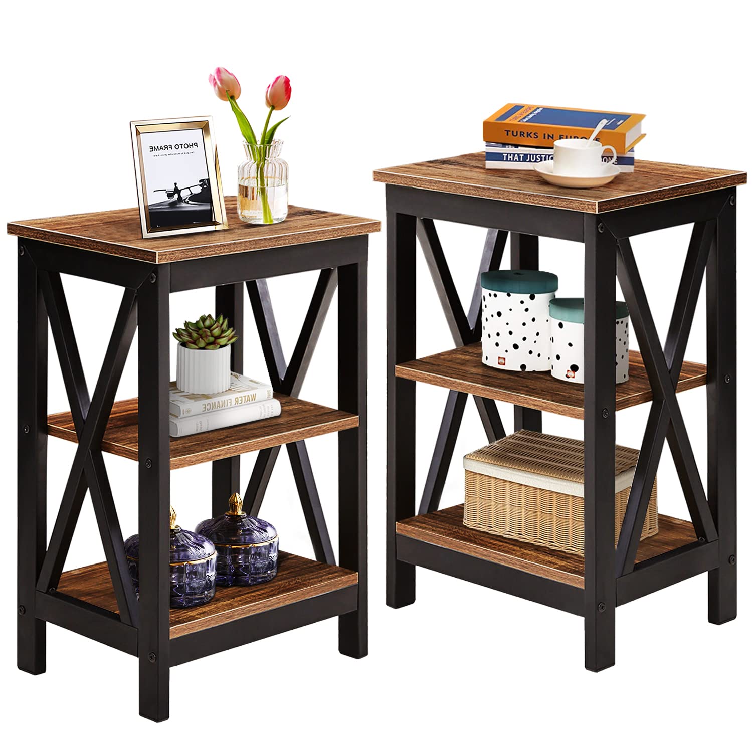 VECELO 3-Tier Nightstand Side Table with Storage Shelf - Sturdy Steel Frame, Easy Assembly, Rustic Brown - Perfect for Living Room, Bedroom, Sofa or Office (Set of 2)
