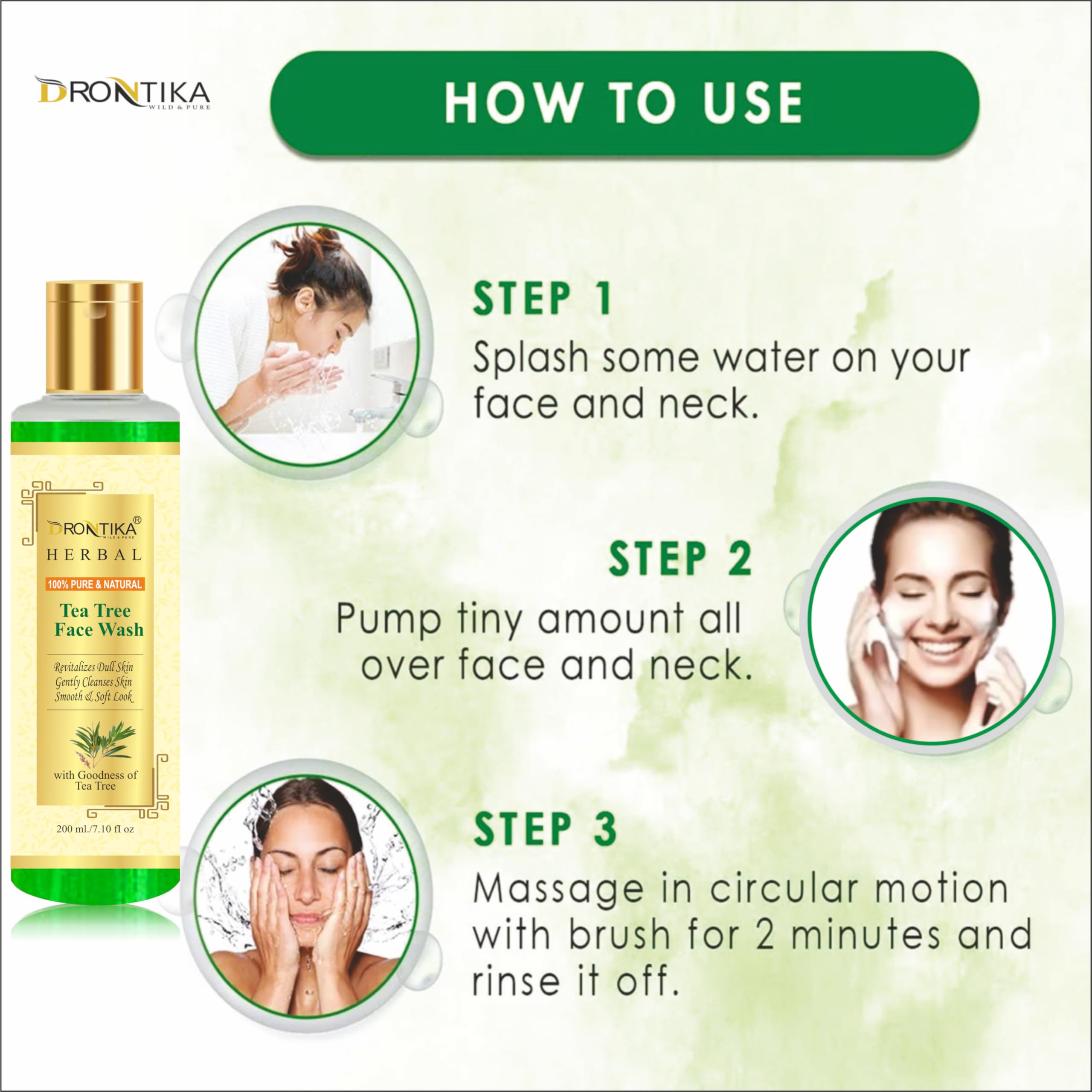 Drontika Tea Tree Herbal Face Wash for Acne & Pimples - 200ml for Normal & Dry Skin | Natural Acne Treatment | Pack of 2 | Gentle Daily Cleanser for Clear Skin