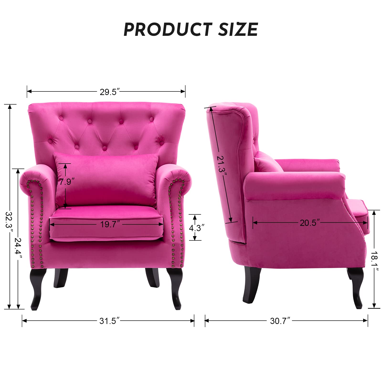 Mid-Century Modern Accent Reading Arm Chairs Set of 2 - Velvet Rose Wingback Club Chairs with Button Tufted Back & Lumbar Pillow | Living Room, Bedroom, Study & Waiting Room Furniture | Comfy Corner Sofa Chairs for Relaxing & Reading