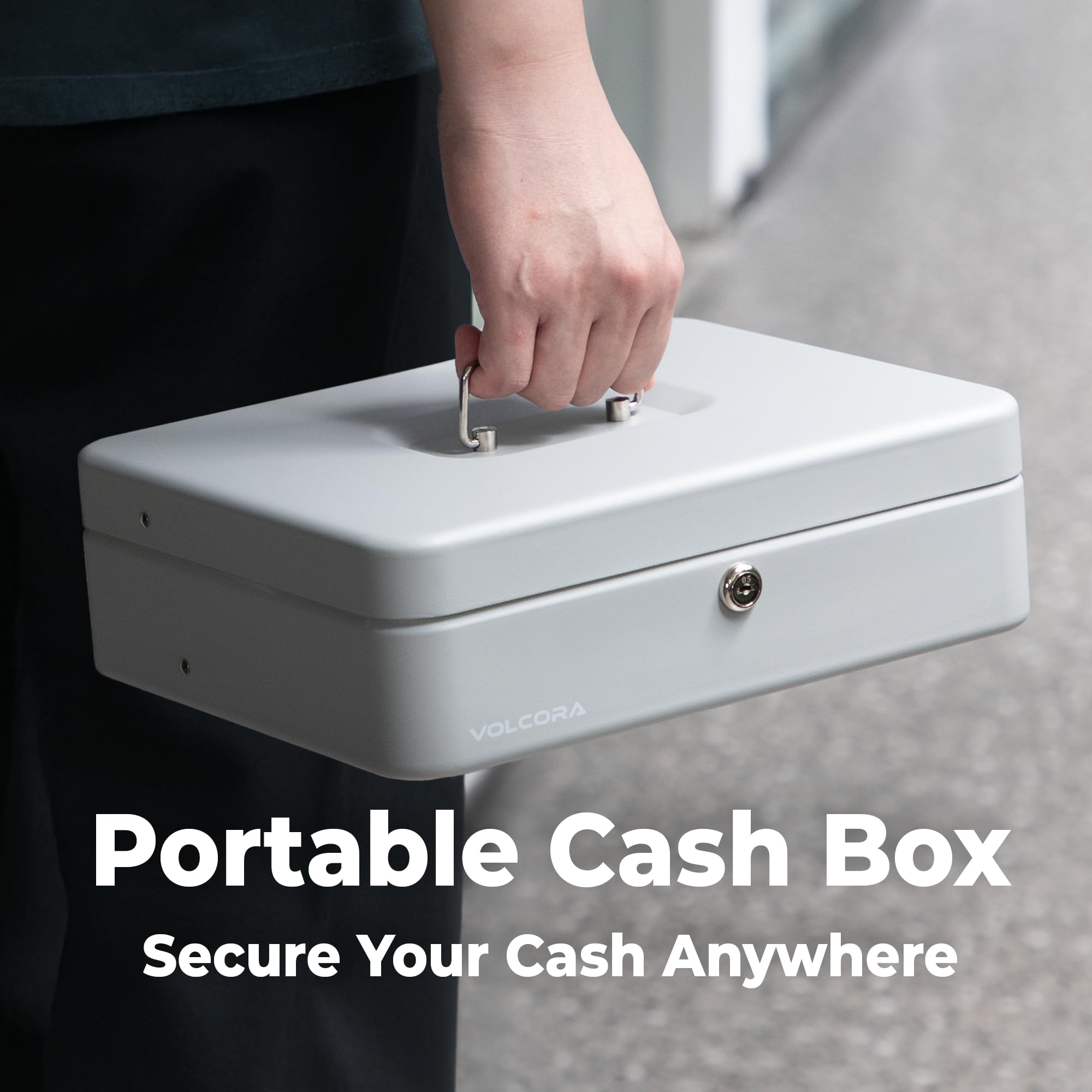 Volcora Large Metal Cash Box with Key Lock - Portable Locking Safe Box for Money, Coins & Valuables - Durable Money Organizer for Yard Sales, Garage Sales, Small Business & Home Use - Includes Money Tray - Gray