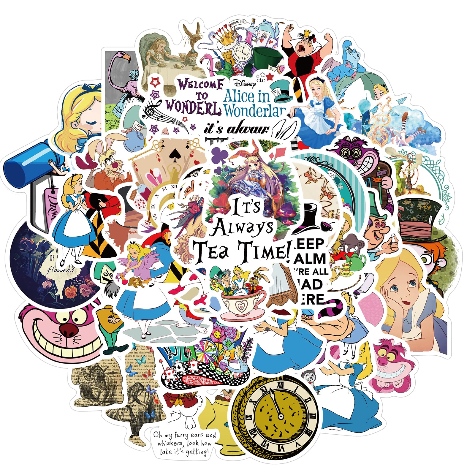 50PCS Alice in Wonderland Waterproof Vinyl Decals - Cute Cartoon Movie Stickers for Laptop, Water Bottle, Luggage, Skateboard - Perfect for Kids, Teens & Adults - Great for School, Travel & Home Decor