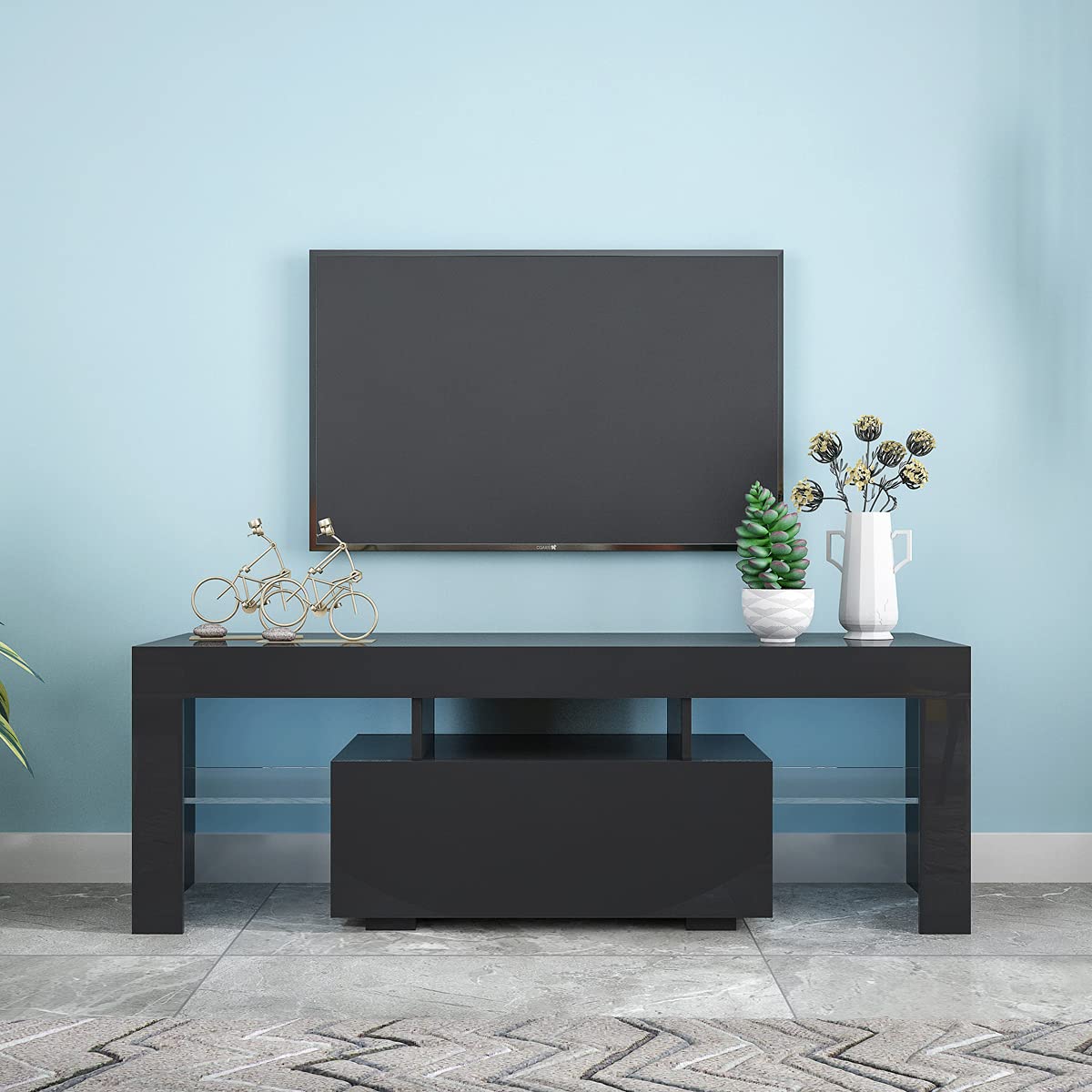 Modern LED TV Stand with Single Drawer - Black Entertainment Center Cabinet for 50-55 Inch TVs - Living Room & Bedroom Furniture for Home Theater Setup