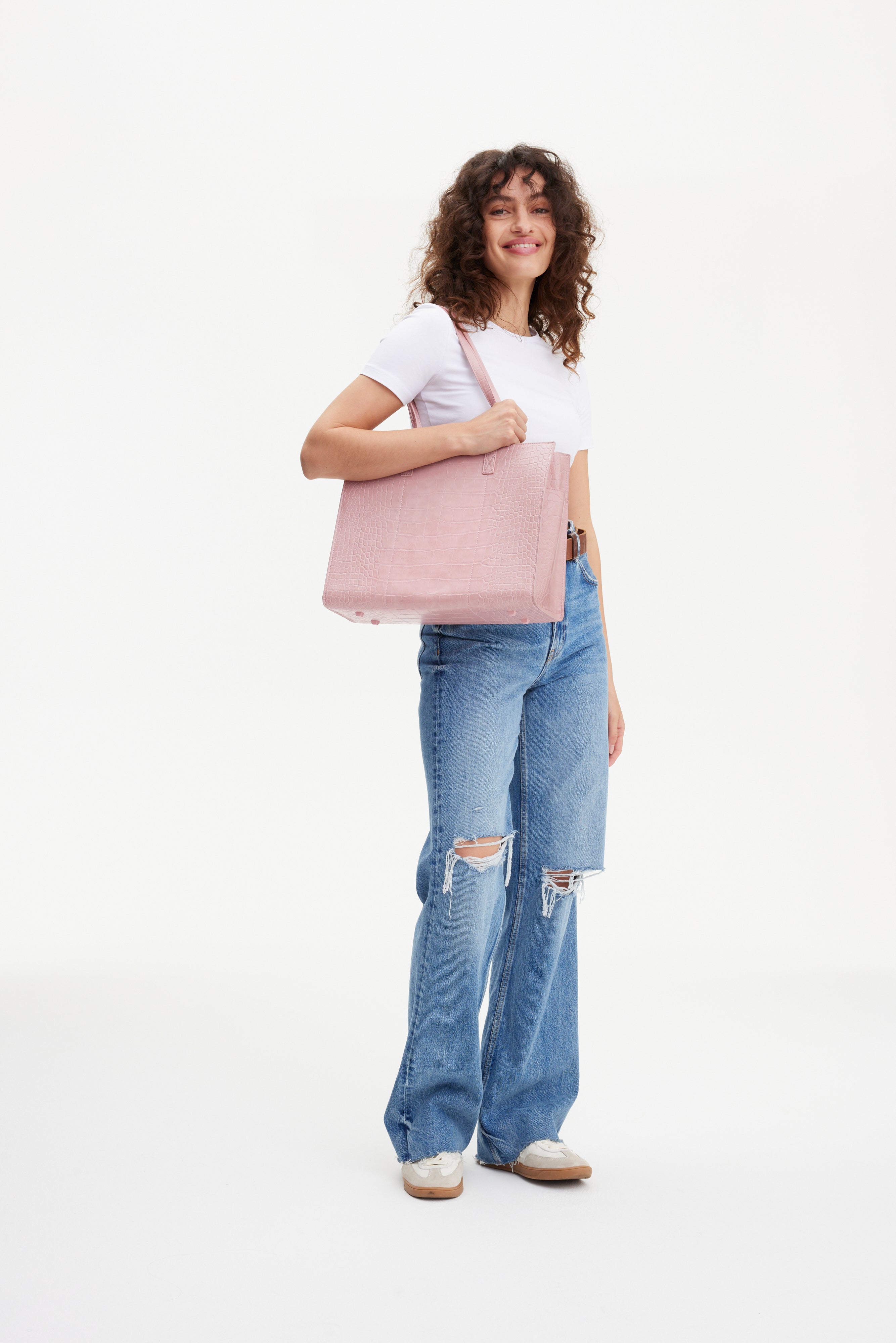 Premium Work Tote Bag in Atlas Pink Croc Embossed Leather - Stylish & Spacious Professional Laptop Bag for Women, Office Commute, Business Meetings & Travel Accessories