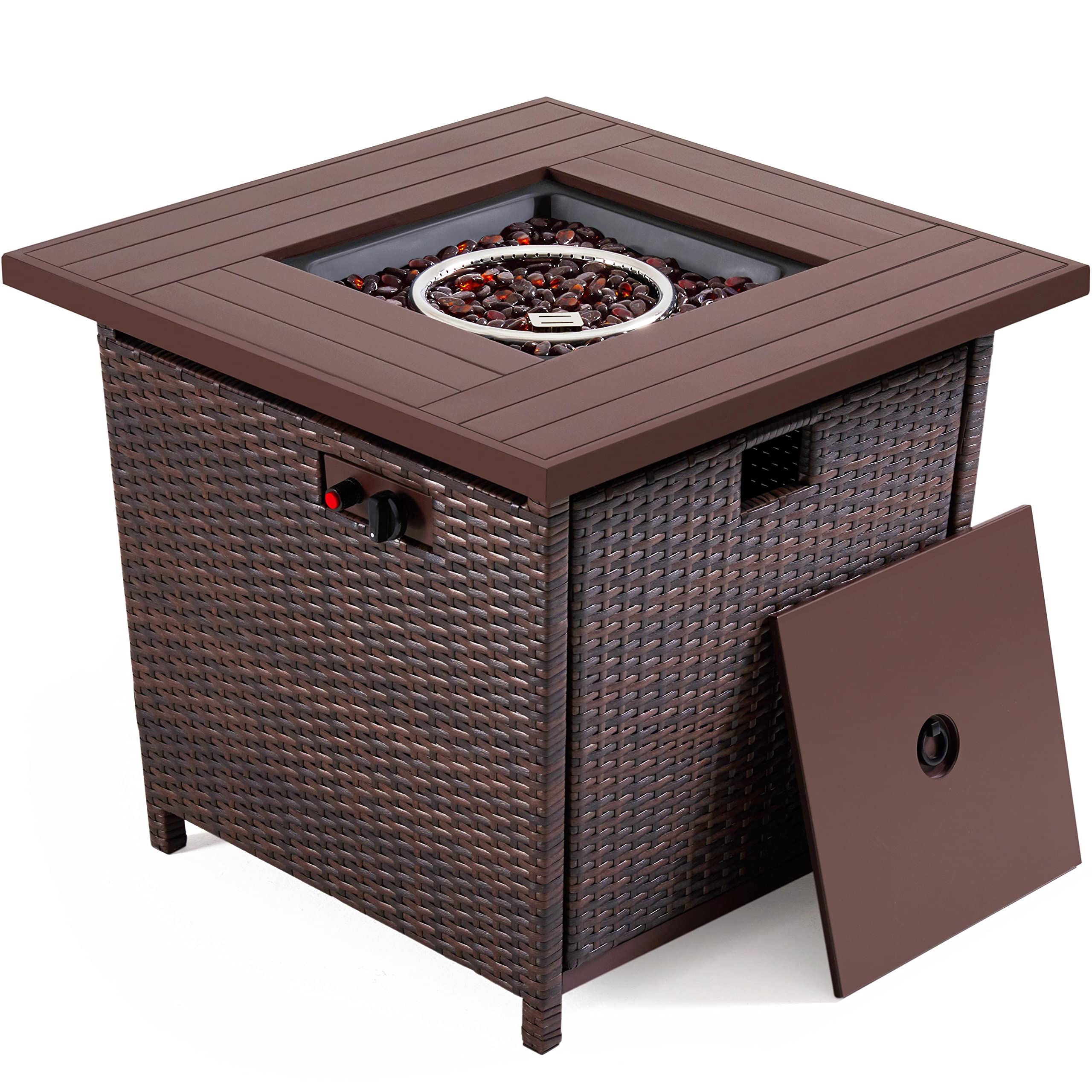 Topeakmart 28 Inch Propane Gas Fire Pit Table - 50,000 BTU Outdoor Wicker Fire Pit with Steel Tabletop & Waterproof Cover - CSA Certified Brown Patio Heater for Backyard, Deck, Garden, and Camping