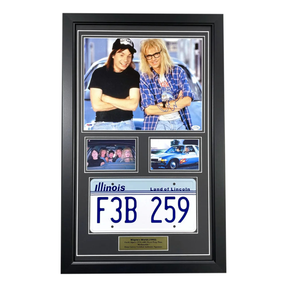 Dana Carvey Signed 8x10 Wayne's World Autographed License Plate Framed Collage with PSA COA - Perfect for Movie Memorabilia Collectors and Home Theater Decor