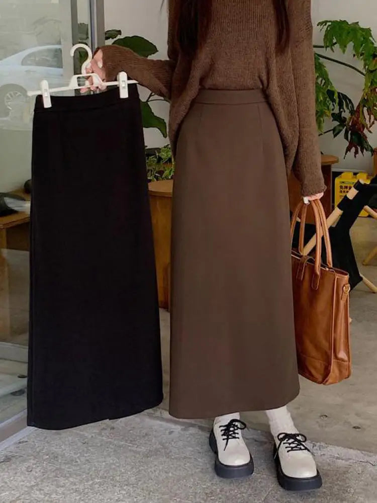 Women's Autumn Brown Wool A-Line High Waist Skirt - Elegant Straight Long Skirt with Elastic Waistband | Warm Winter Fashion for Casual Outfits & Office Wear | Korean Style Ladies Skirt