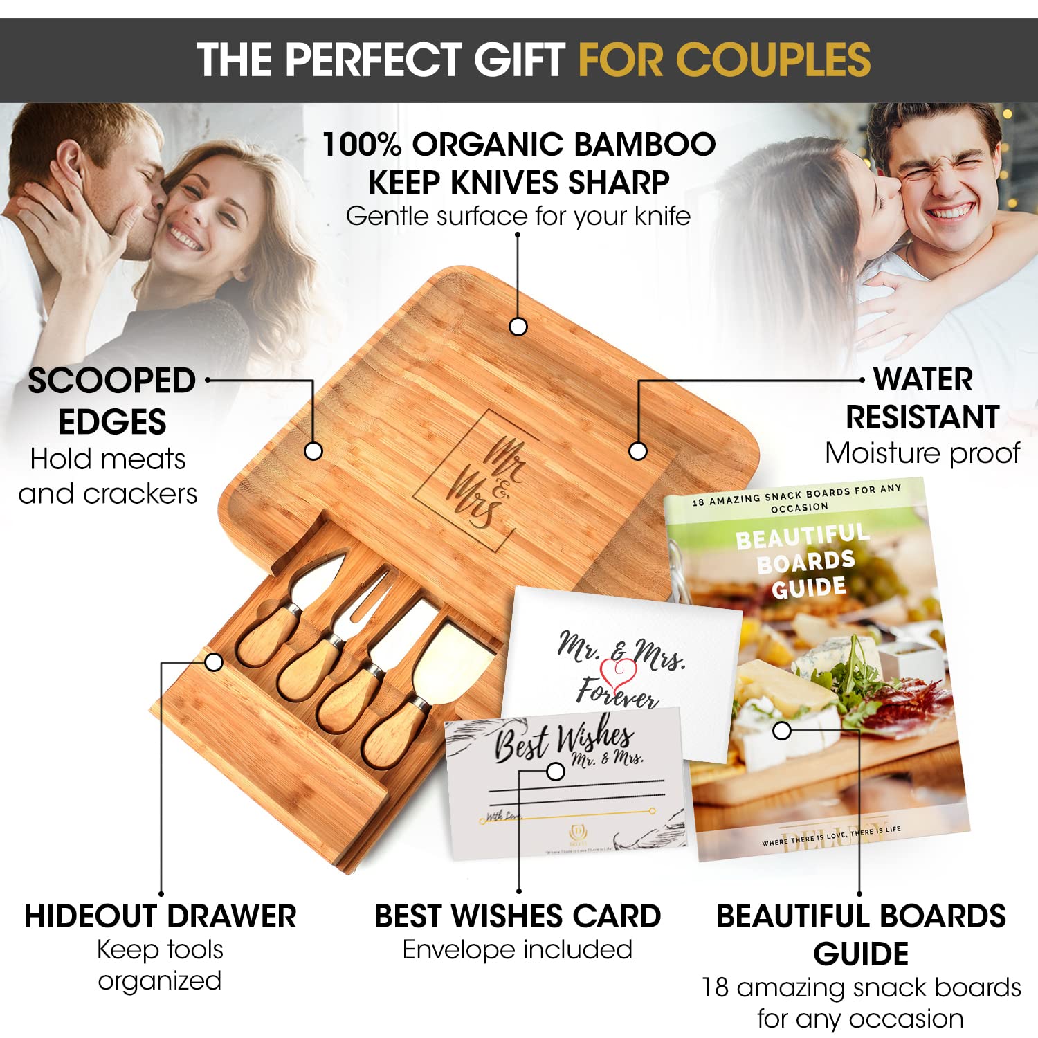 DELUXY Mr and Mrs Cheese Board Set - Elegant Wedding Gift for Couples, Newlyweds, Bridal Showers, Anniversaries - Unique His and Hers Present for Cheese Lovers - Perfect for Romantic Dinners, Housewarming Parties, and Special Celebrations