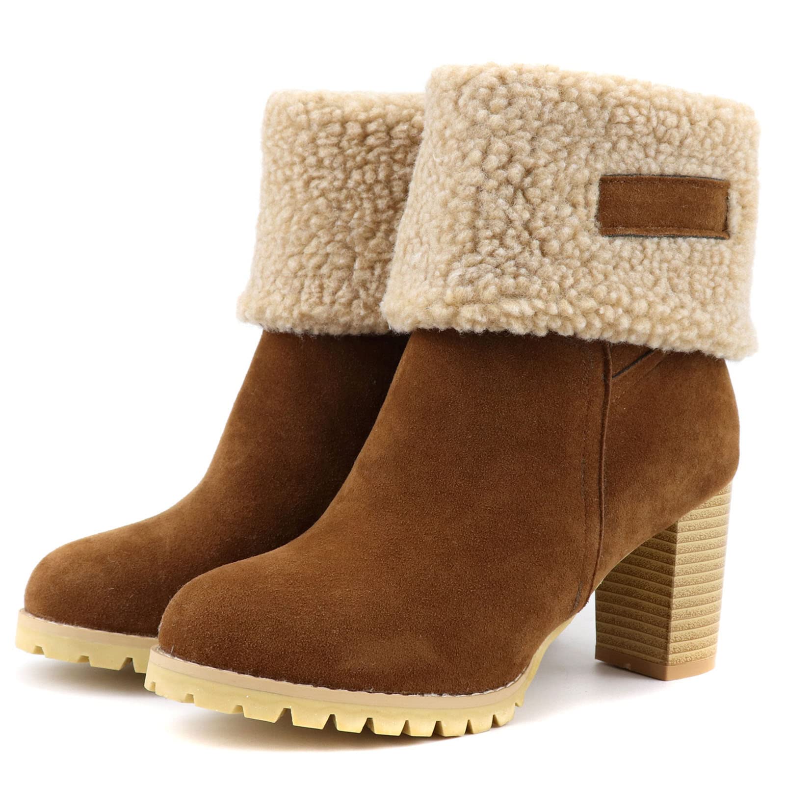 Women's Winter Snow Boots - Warm Suede Mid-Calf Boots with Chunky Block Heel & Faux Fur Lining | Round Toe Leather Hiking Boots for Outdoor Activities | Perfect for Snowy Weather, Hiking & Casual Winter Wear