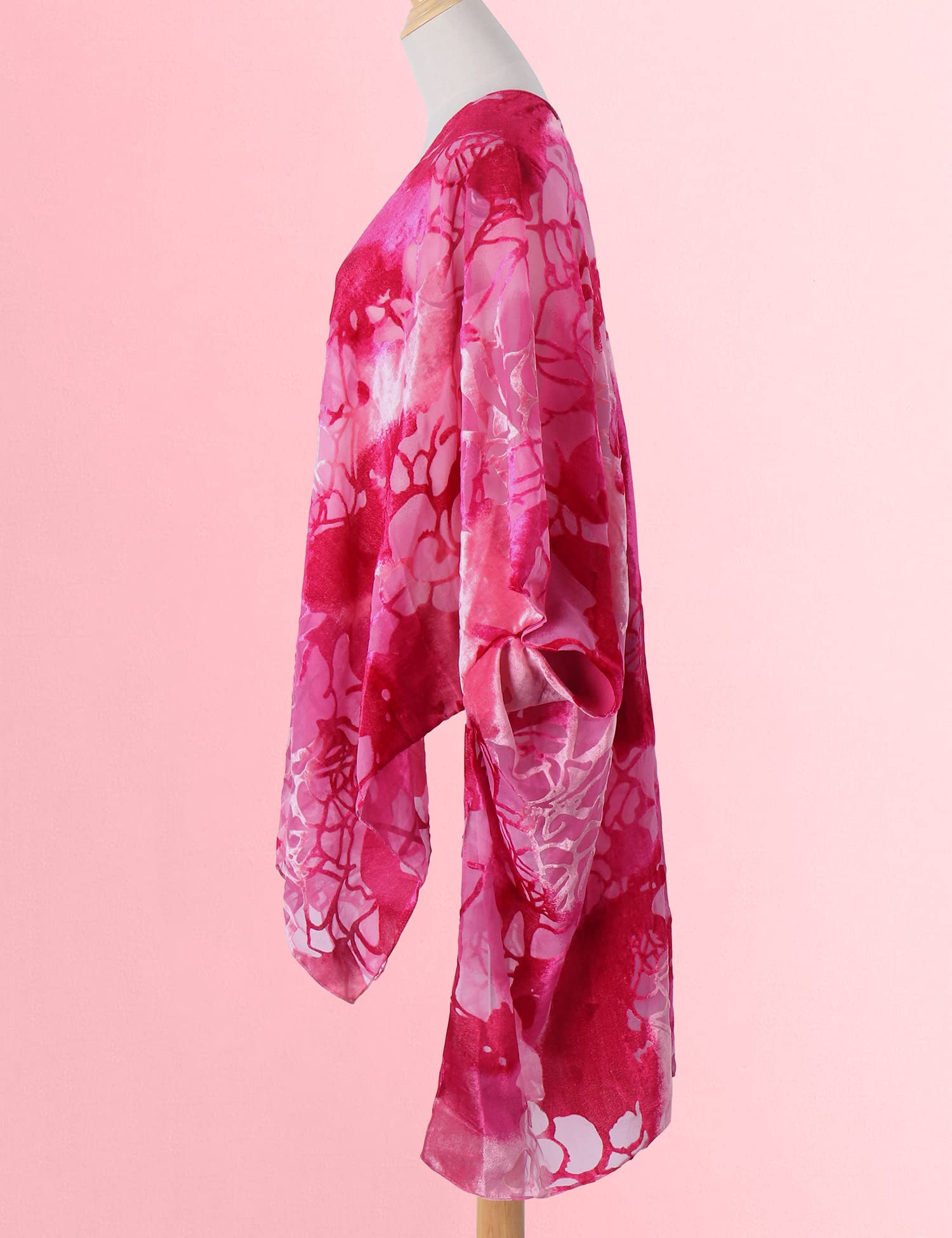 WeHello Women's Burnout Velvet Kimono Long Cardigan Cover Up - Soft Lightweight Open Front Duster Coat Without Tassel (Pink Floral Print) - Perfect for Beach Coverups, Loungewear, and Boho Outfits