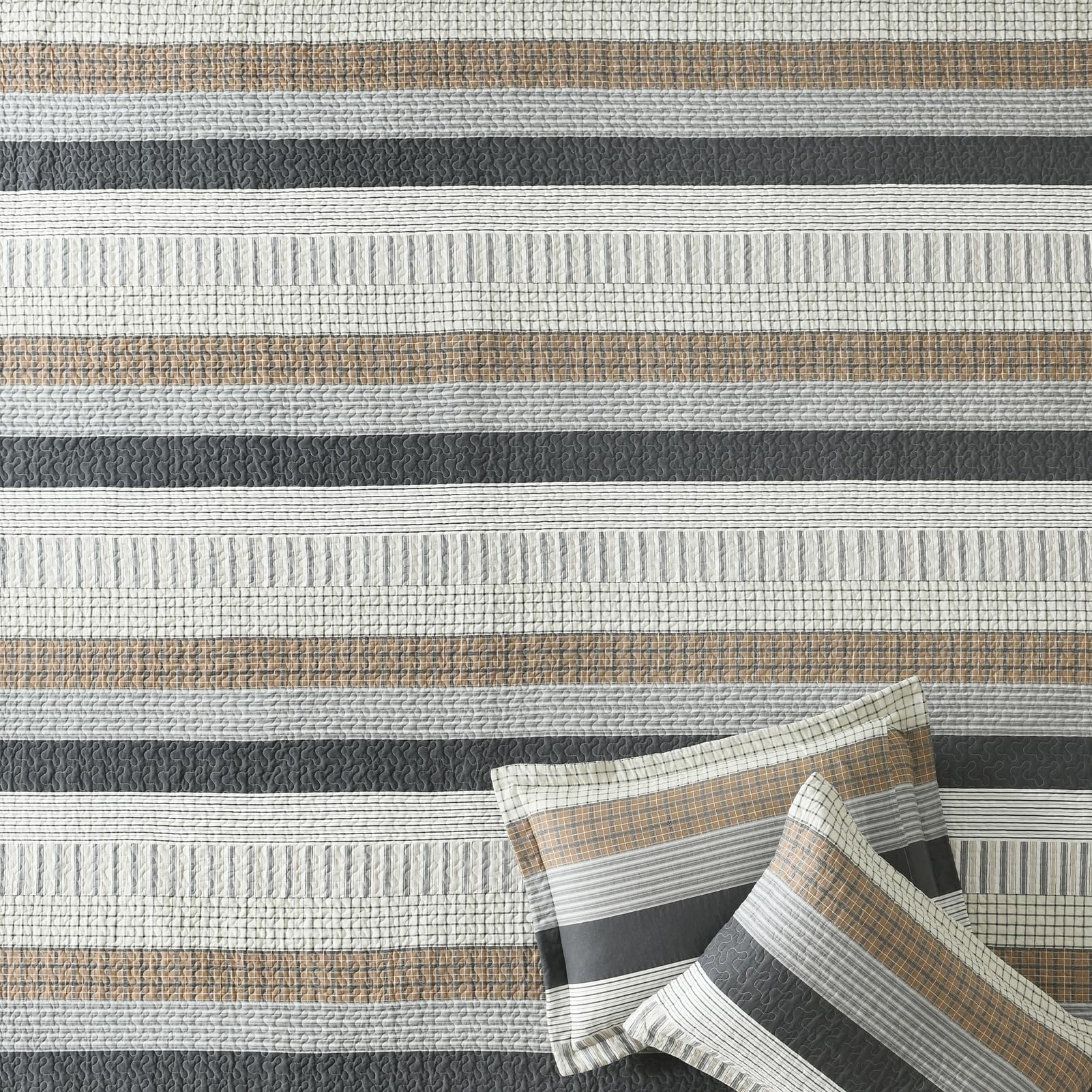 Finlonte King Size Quilt Set - 100% Cotton Reversible Lightweight Comforter, Grey Striped Farmhouse Bedding (3-Piece) - Perfect for All Seasons, Master Bedroom & Guest Room Decor