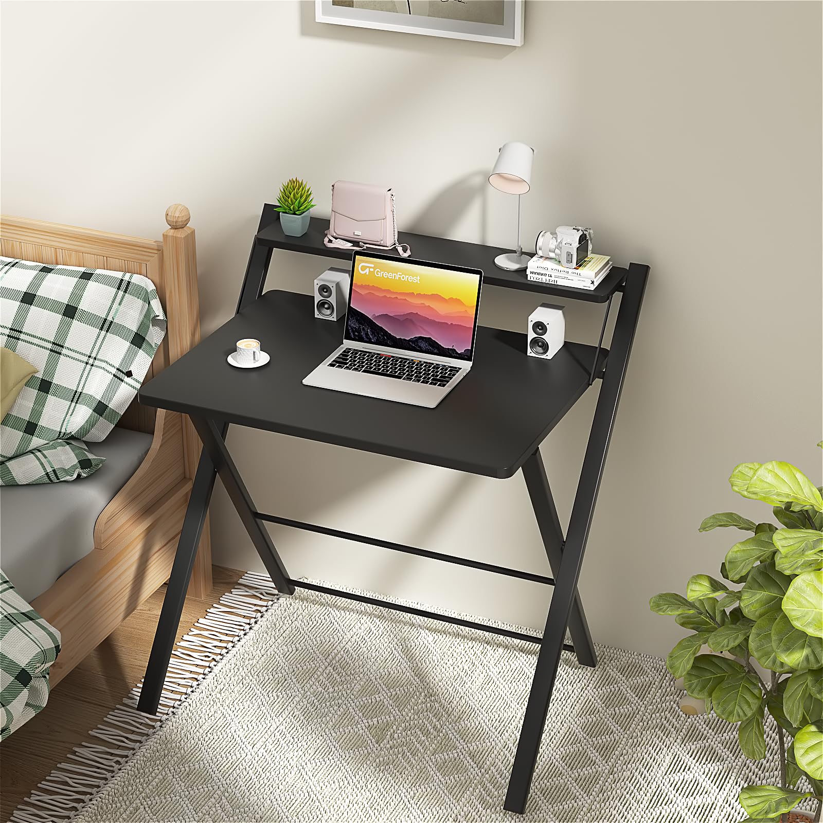 GreenForest Folding Desk - No Assembly Required 2-Tier Computer Desk with Shelf | Space Saving Portable Laptop Table for Home Office & Small Spaces | Perfect for Remote Work, Dorm Rooms & Studio Apartments (Black)