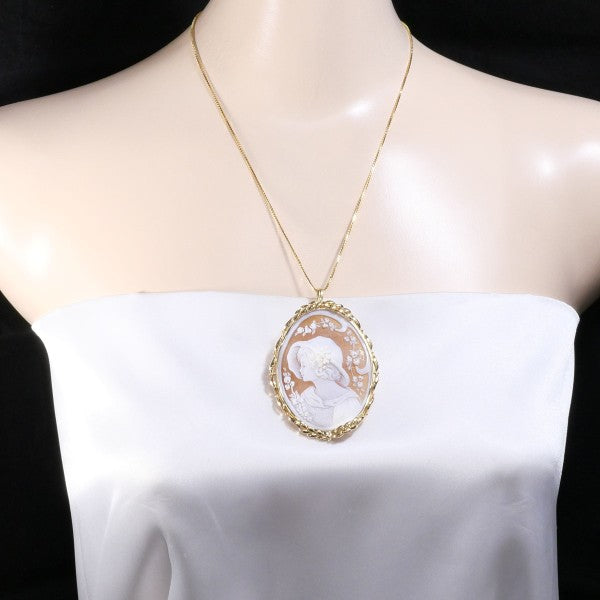 18K Yellow Gold Shell Cameo 2-Way Convertible Necklace & Brooch - Vintage Jewelry for Women, Elegant Gift for Mother's Day & Special Occasions