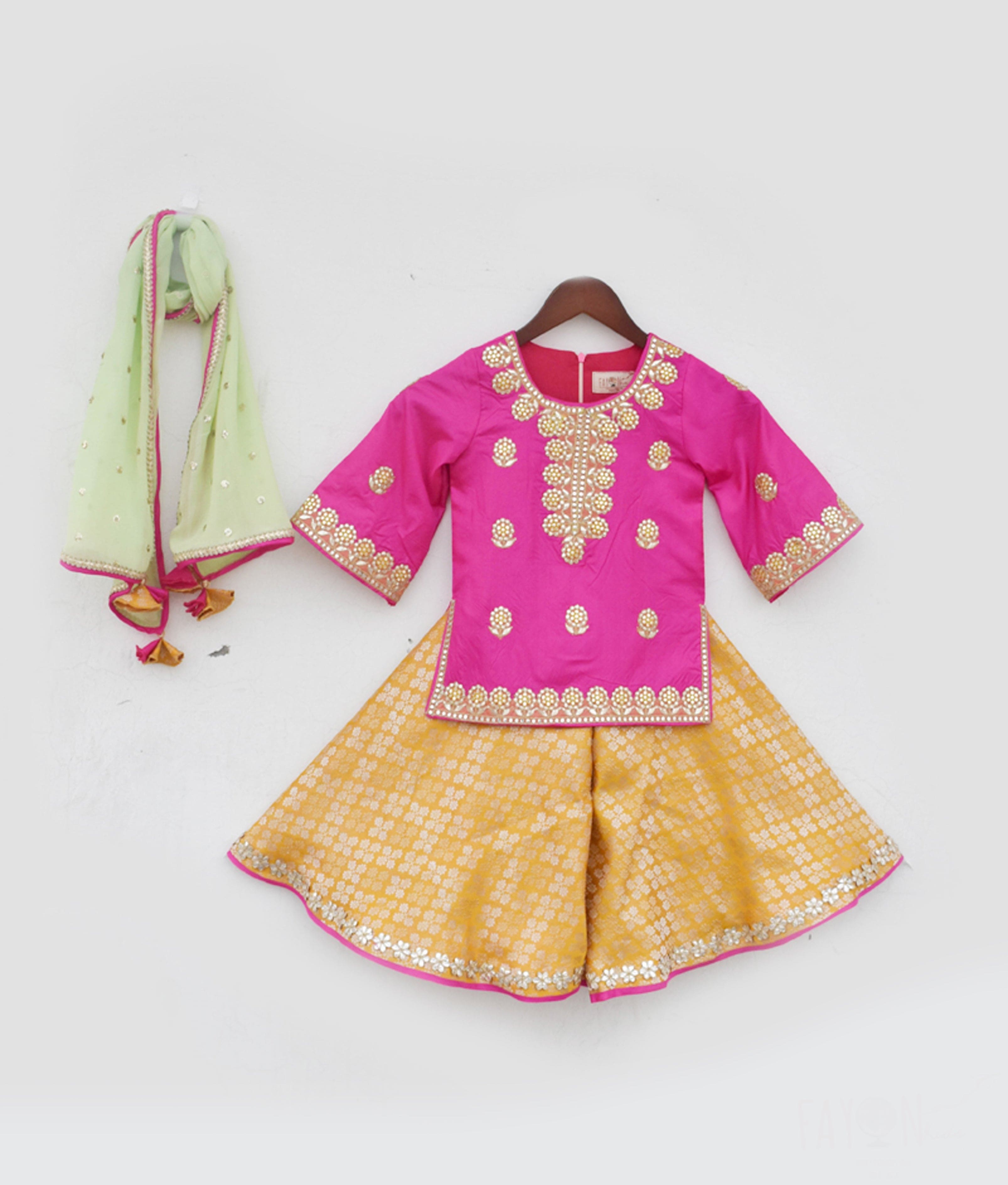 Pre Order Girls Pink Kurti with Yellow Brocade Sharara Set - Traditional Indian Ethnic Outfit for Festivals, Weddings & Special Occasions