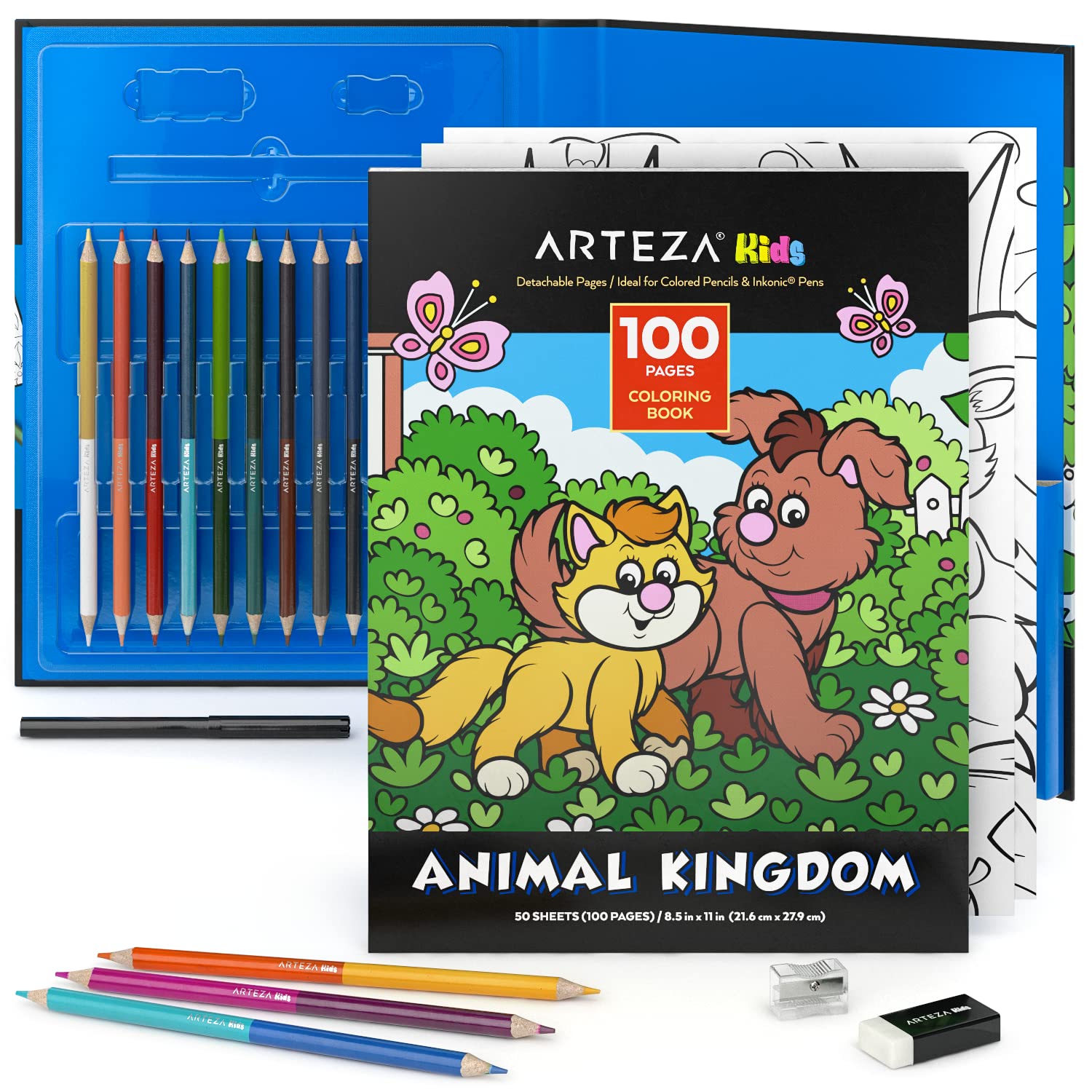 ARTEZA Kids Coloring Book with Colored Pencils - Animal Kingdom, 50 Sheets for Creative Fun