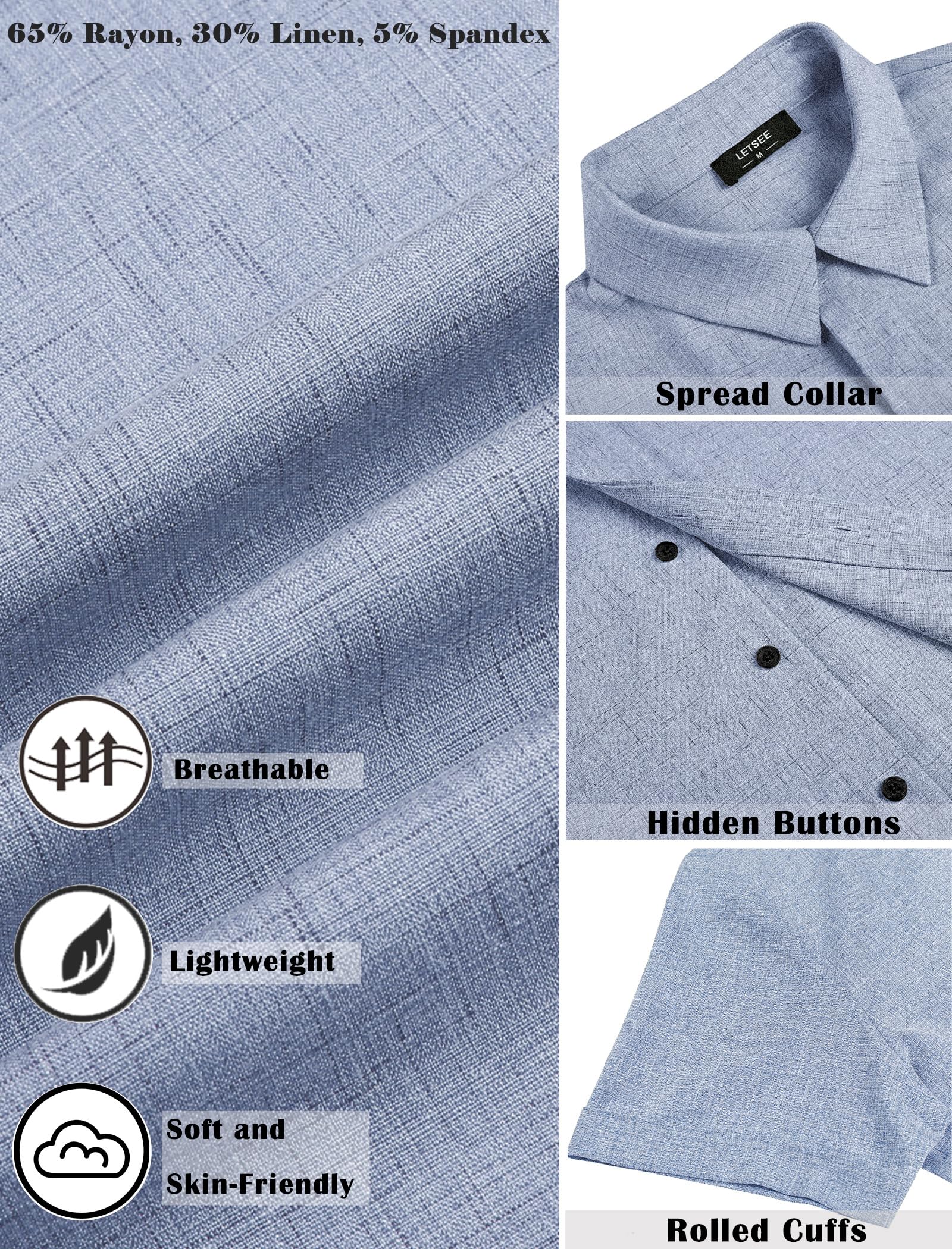 LETSEE Men's Linen Shirts - Short Sleeve Button Down Casual Dress Shirts for Summer, Beach Vacation & Outdoor Activities - Breathable Lightweight Fashion Shirt for Men
