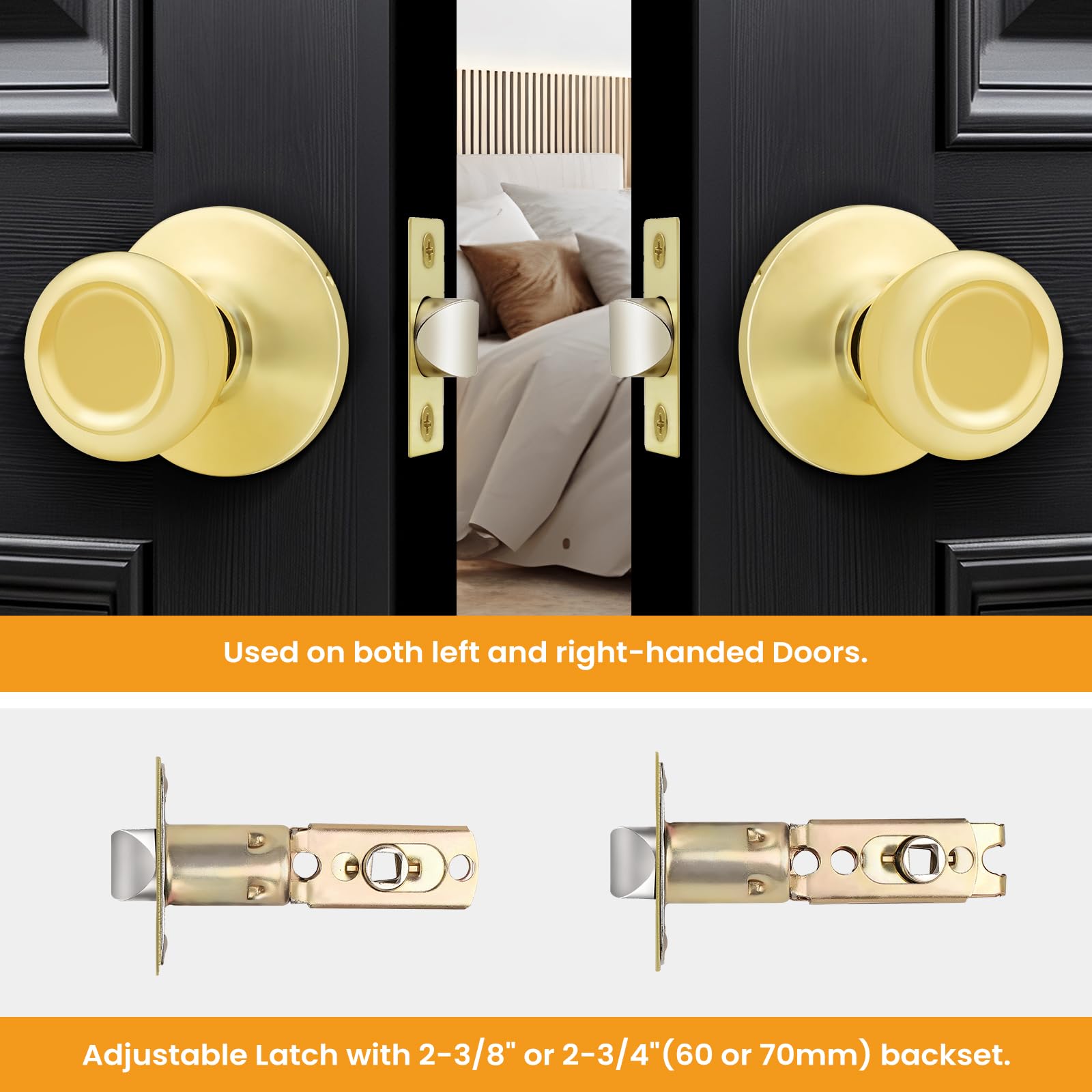 GobeKor 6 Pack Keyless Interior Door Knobs with Lock - Polished Brass Hall & Closet Door Handles, Tulip Design for Bedroom, Bathroom & Office (Easy Installation, Smooth Operation)