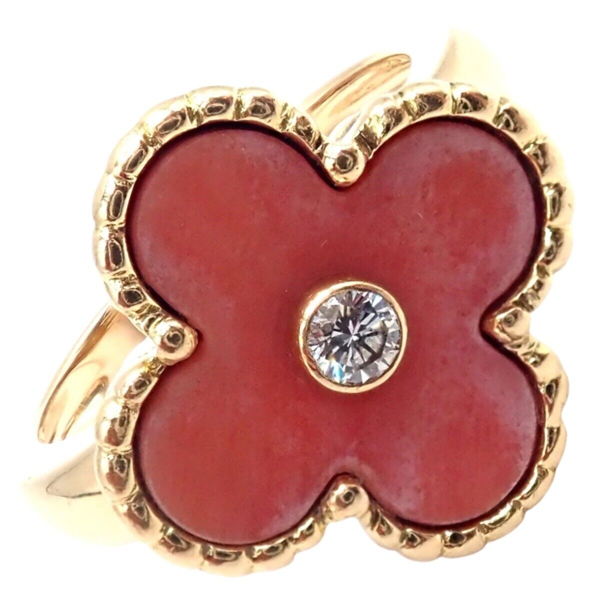 Authentic Van Cleef & Arpels Alhambra 18k Yellow Gold Coral Diamond Ring - Luxury Jewelry for Women, Elegant Gift for Anniversary, Wedding & Special Occasions
