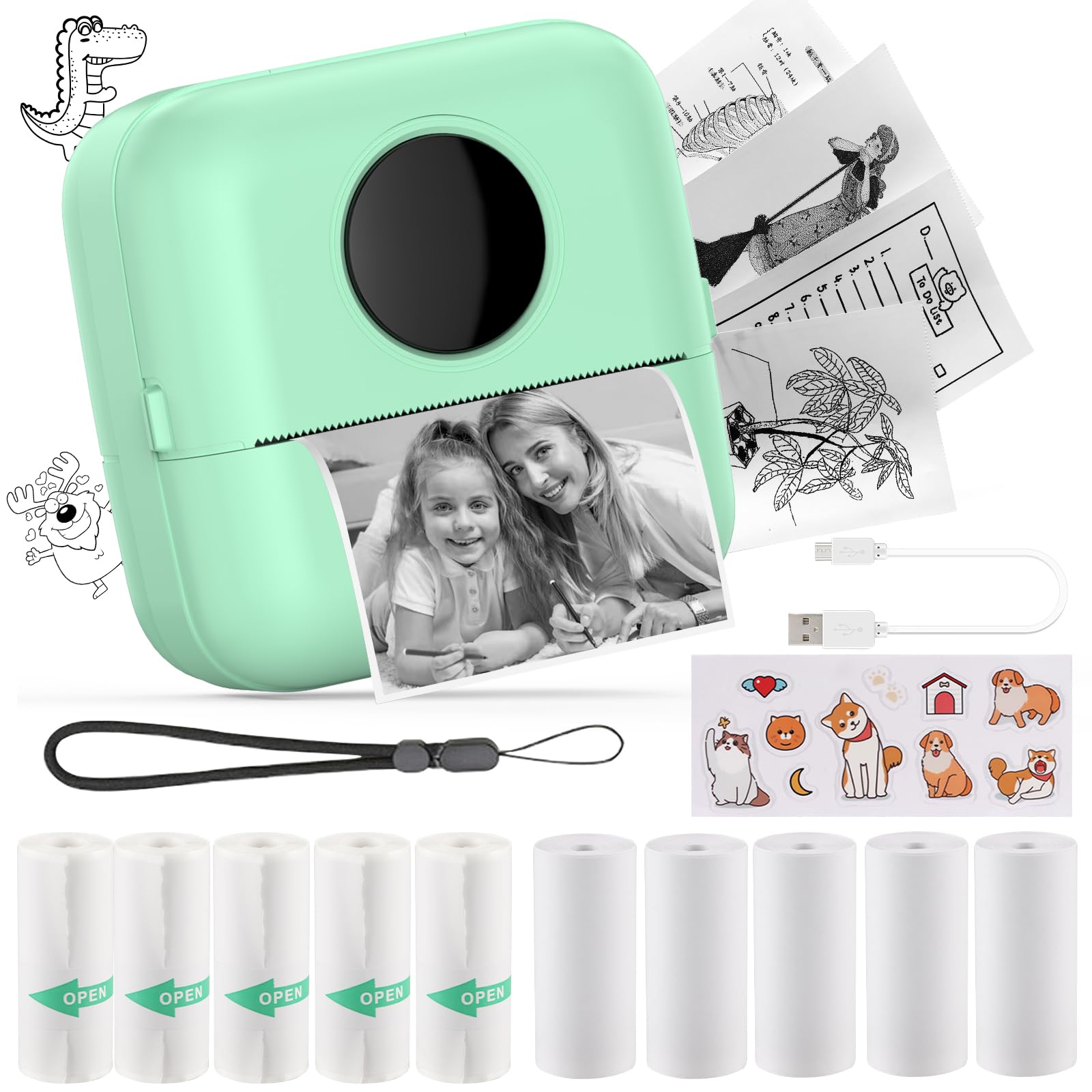 HuiJuKeJi Mini Sticker Printer - Portable Bluetooth Thermal Printer for iOS & Android with 11 Rolls Inkless Paper - Print Photos, Receipts, Journals, Notes & Memos - Perfect for DIY Crafts, Scrapbooking & Home Organization (Green)