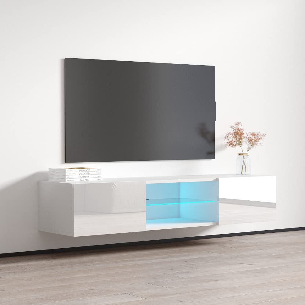 Modern Floating TV Stand with LED Lights & Storage - High Gloss White Entertainment Center for TVs Up to 70
