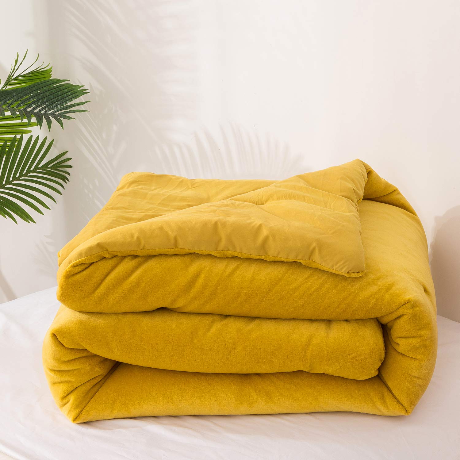 Mustard Yellow Velvet Comforter Set Queen - Plush Flannel & Sherpa Lined Winter Bedding - Heavyweight Micromink Warm Comforter for Women, Men, Adults & Teens - Perfect for Cozy Bedrooms & Cold Weather Nights