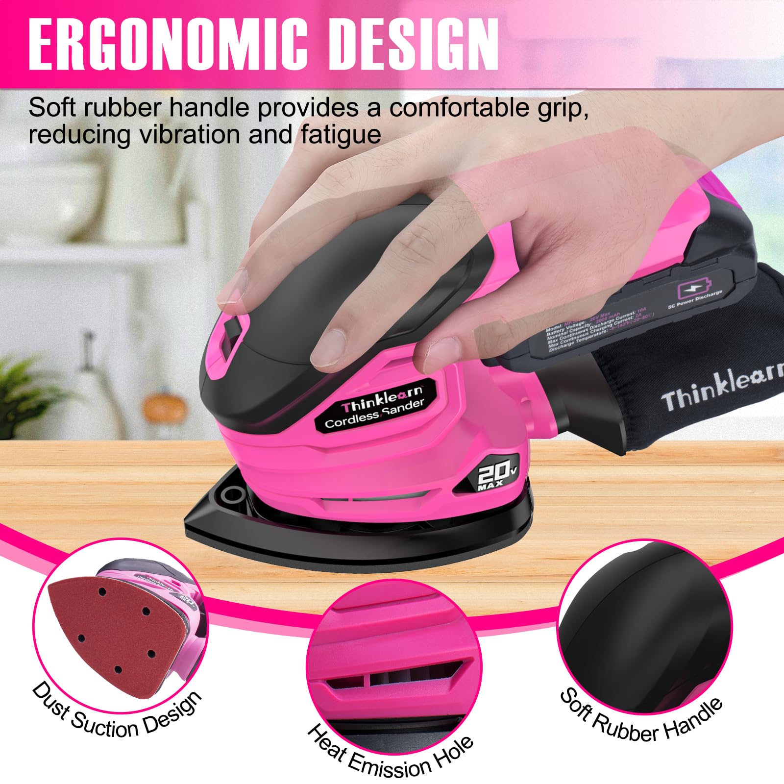 20V Cordless Detail Sander with 22Pcs Sandpaper - 12,000 RPM Electric Mouse Sander with Dust Bag, 2.0Ah Battery & Charger - Compact Palm Sander for Woodworking, Furniture Refinishing & DIY Home Projects
