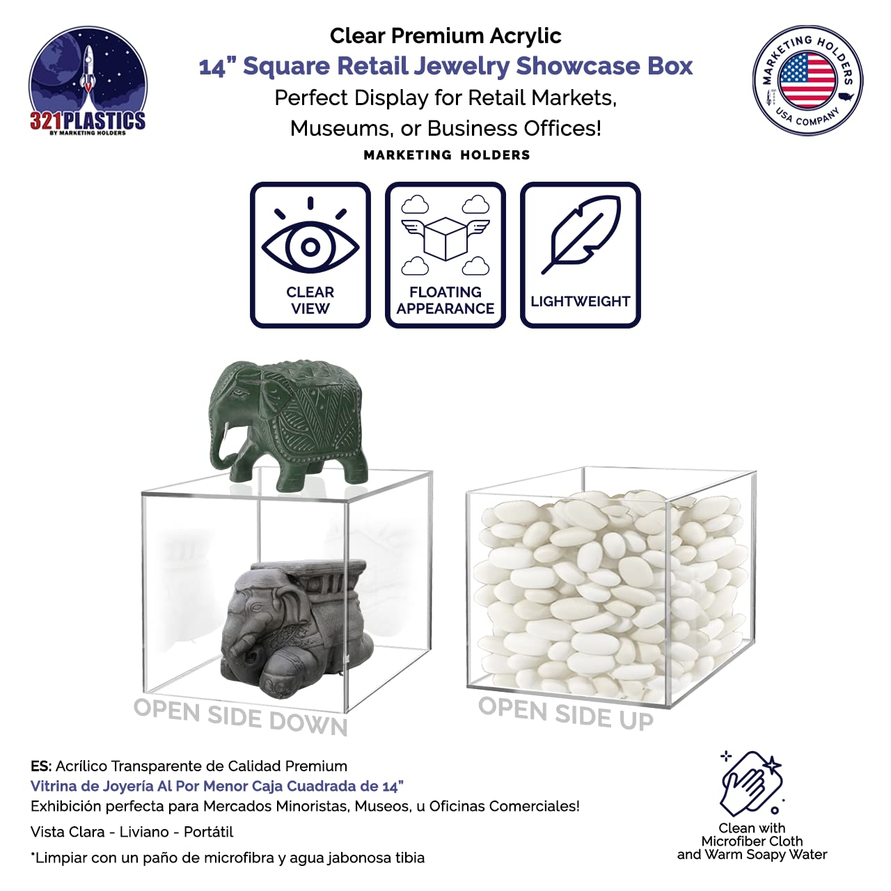 14 Inch Clear Acrylic Display Riser Box - Open Side Design, No Lid, Hollow & Versatile - Perfect for Retail Merchandise Display, Product Storage & Showcase Platforms - Ideal for Store Shelves, Countertops & Trade Show Displays