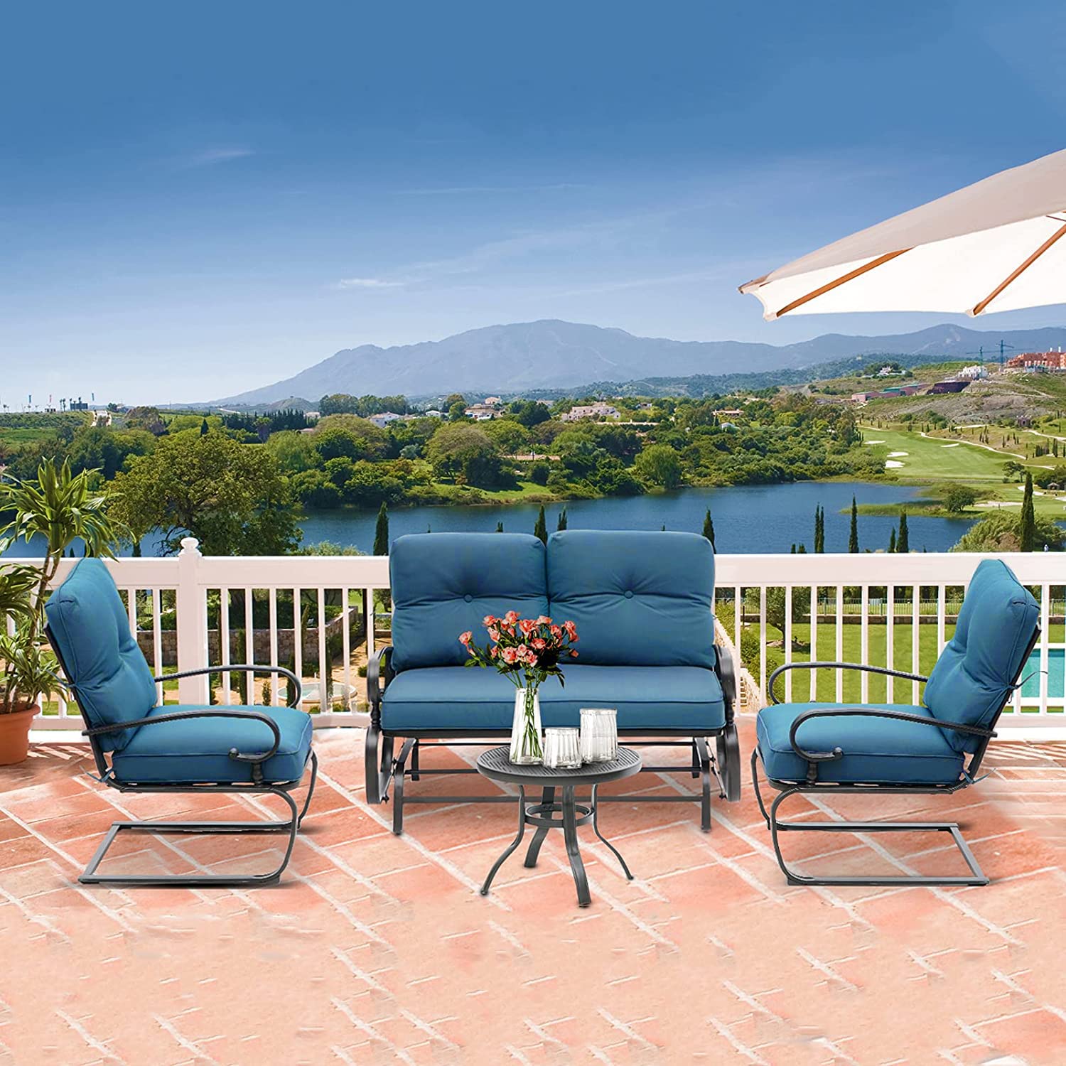 4-Piece Metal Outdoor Patio Furniture Set with Glider & Coffee Table - Wrought Iron Sectional Sofa with Removable Cushions (Blue) - Perfect for Garden, Backyard, Poolside & Outdoor Relaxation