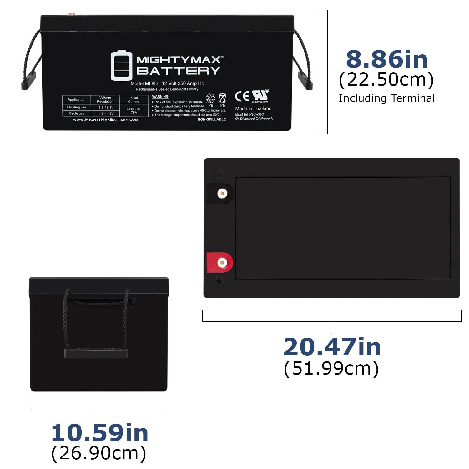 Mighty Max 12V 250Ah SLA AGM Deep Cycle Battery - Rechargeable Sealed Lead Acid Battery for Solar Power, SCADA Systems, RV, Marine & Off-Grid Backup Power Supply