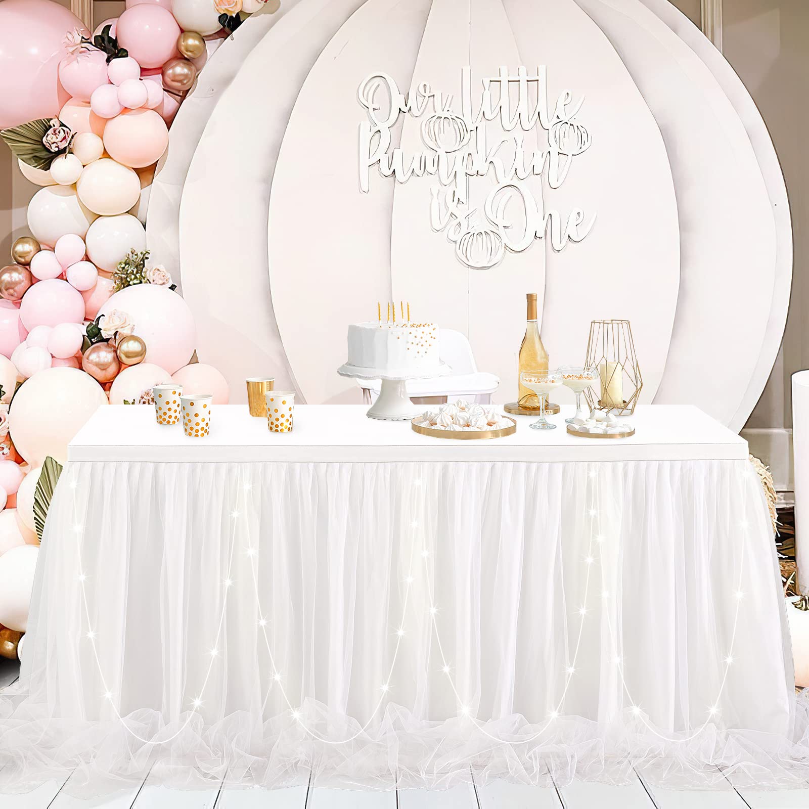 9ft White LED Tulle Table Skirt for Rectangle & Round Tables - Wedding, Bridal Shower, Birthday Party Decorations - Perfect for Banquet Halls, Reception Tables, and Special Event Centerpieces