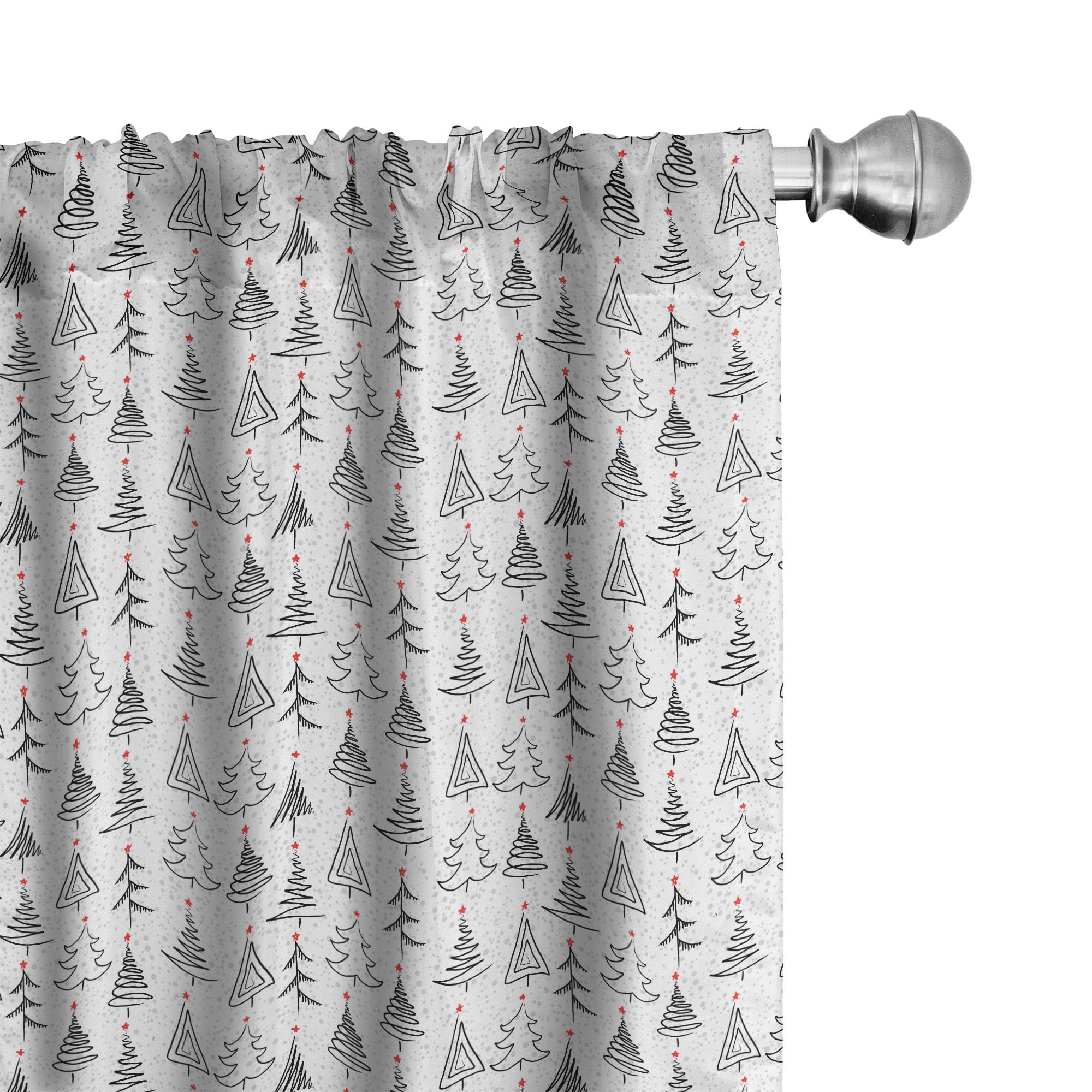 Ambesonne Christmas Tree Window Curtains - Black Grey Red Doodle Sketch Style with Stars, Lightweight 2-Panel Set (28x95 inches) for Living Room, Bedroom & Holiday Decor | Rod Pocket Design