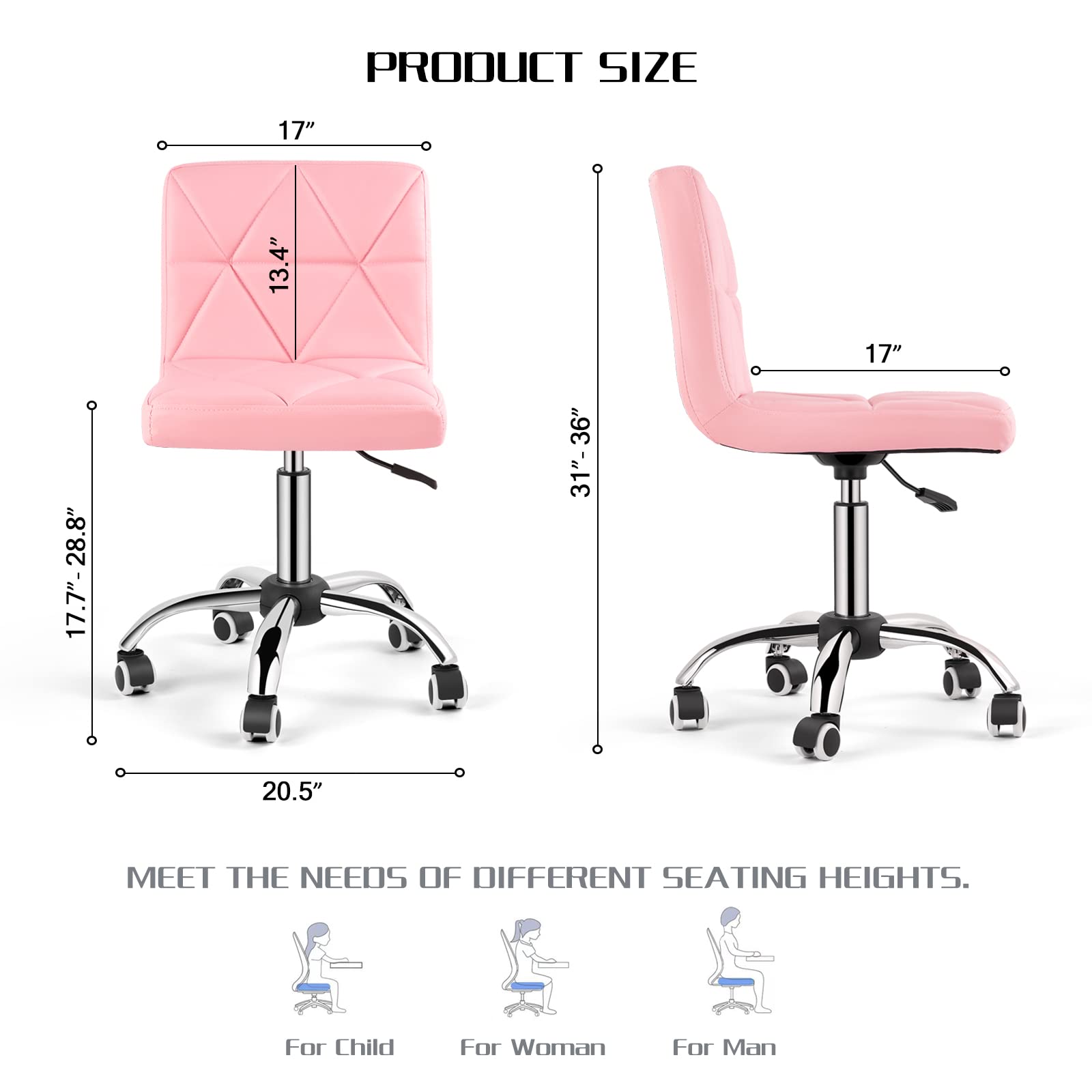 2-Pack COSVALVE Armless Low Back Swivel Office Chairs - Adjustable Task Chairs with Rolling Wheels & Diamond Pattern - Perfect for Home Office, Computer Work & Barber Shops (Pink)