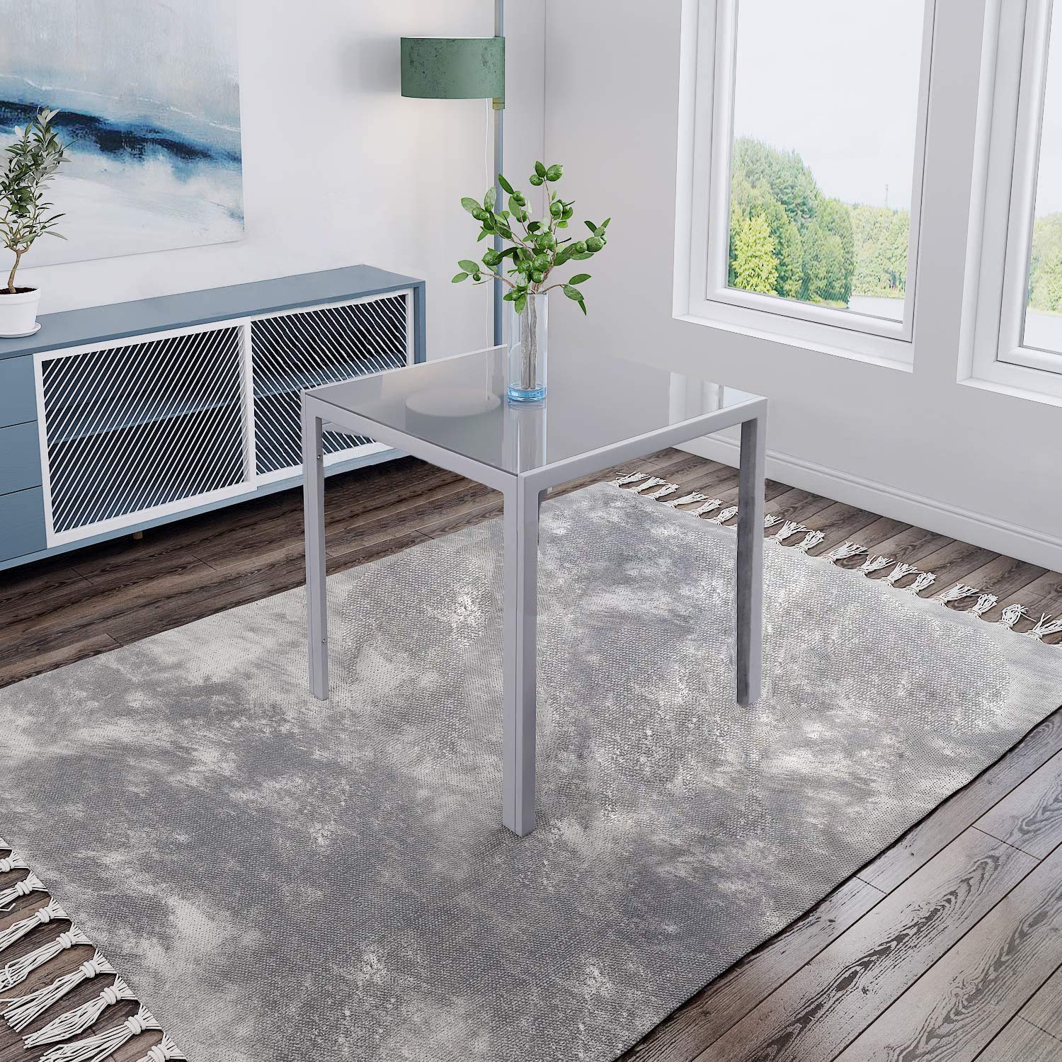 5-Piece Modern Square Grey Glass Dining Table Set with 4 Black Velvet Chairs - Kitchen & Dining Room Furniture for Small Spaces - Perfect for Apartments, Breakfast Nooks and Cozy Family Meals