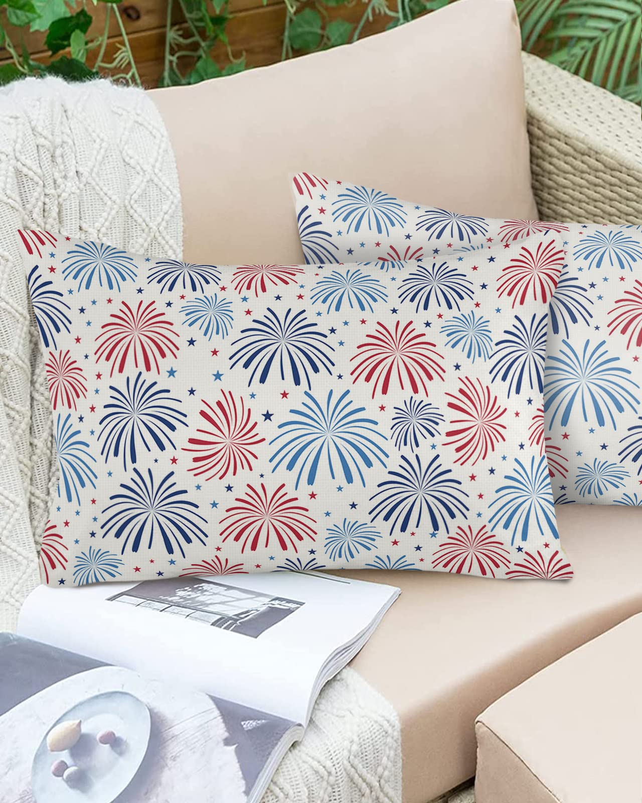 2 Pack Waterproof Outdoor Pillow Covers - Patriotic Independence Day Decorative Throw Pillow Cases 20x12 Inch, Fireworks Design for Patio, Garden, Porch & Poolside Decor (Durable Rectangle Cushion Covers) - Perfect for 4th of July Celebrations, Summer BBQs and Outdoor Relaxation